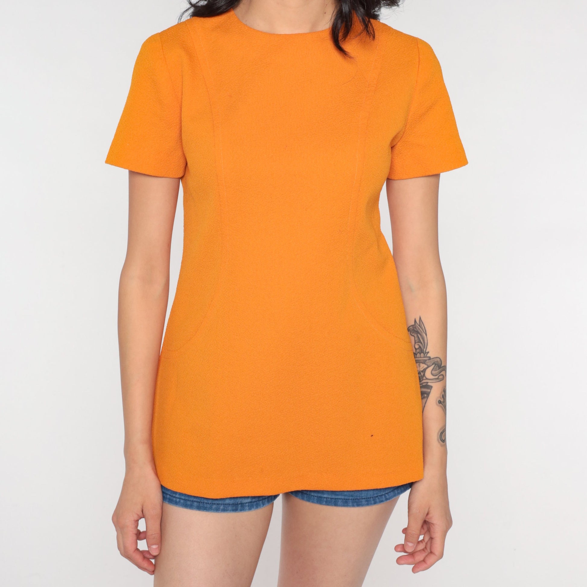 70s Orange Short Sleeve Shirt Rear Zipper Blouse Small