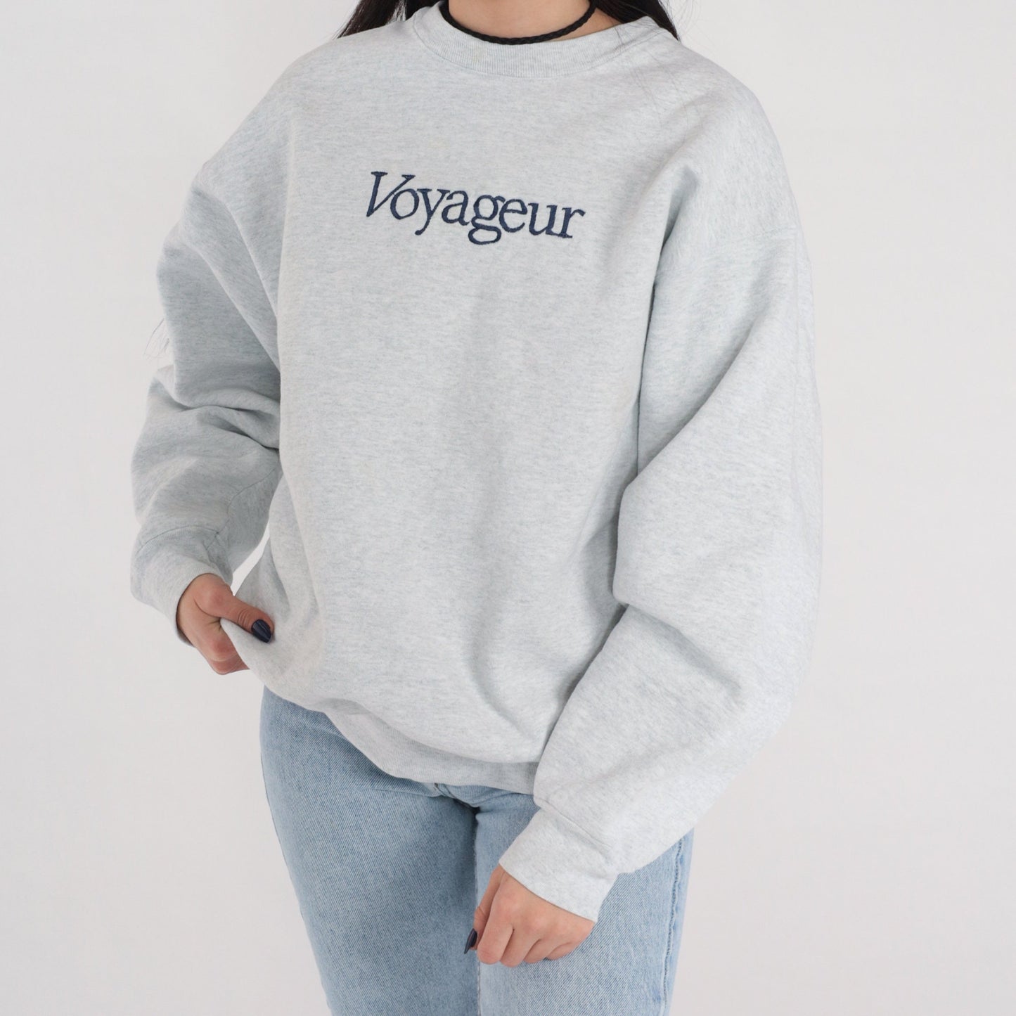 90s Voyageur Embroidered Sweatshirt Heather Grey Crewneck Pullover Large L