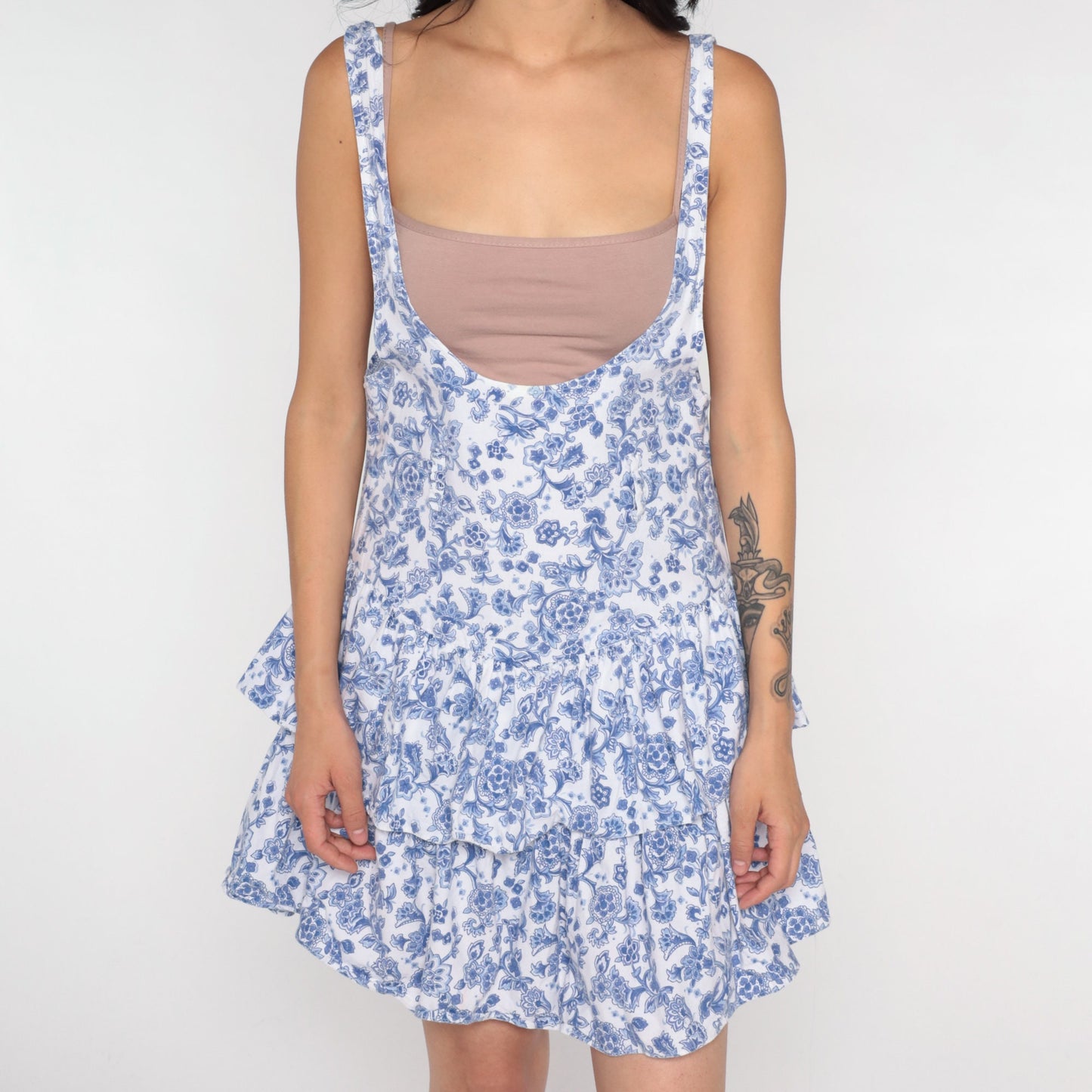 80s Floral Jumper Dress Mini Tiered Skirt White Purple Cotton Medium