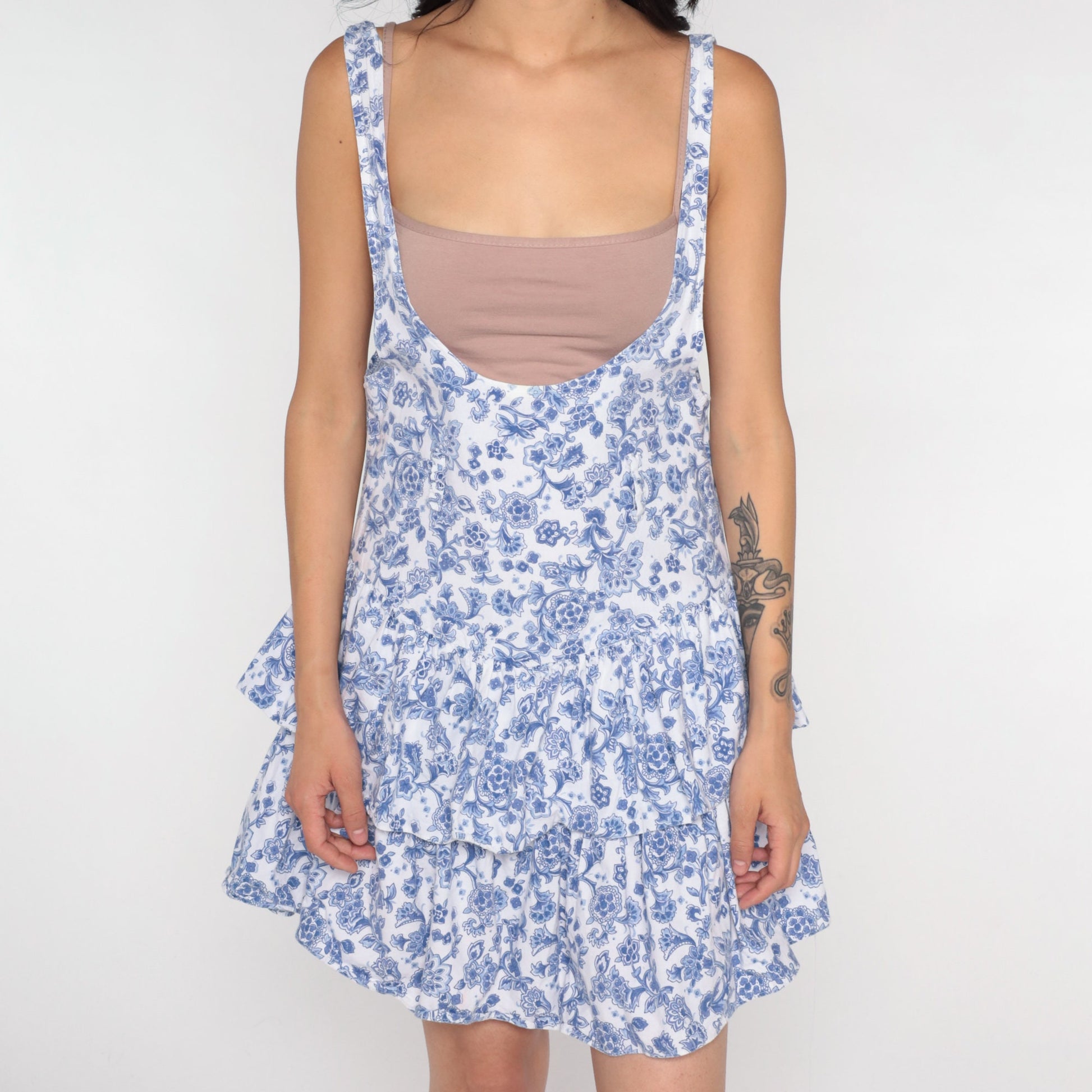 80s Floral Jumper Dress Mini Tiered Skirt White Purple Cotton Medium