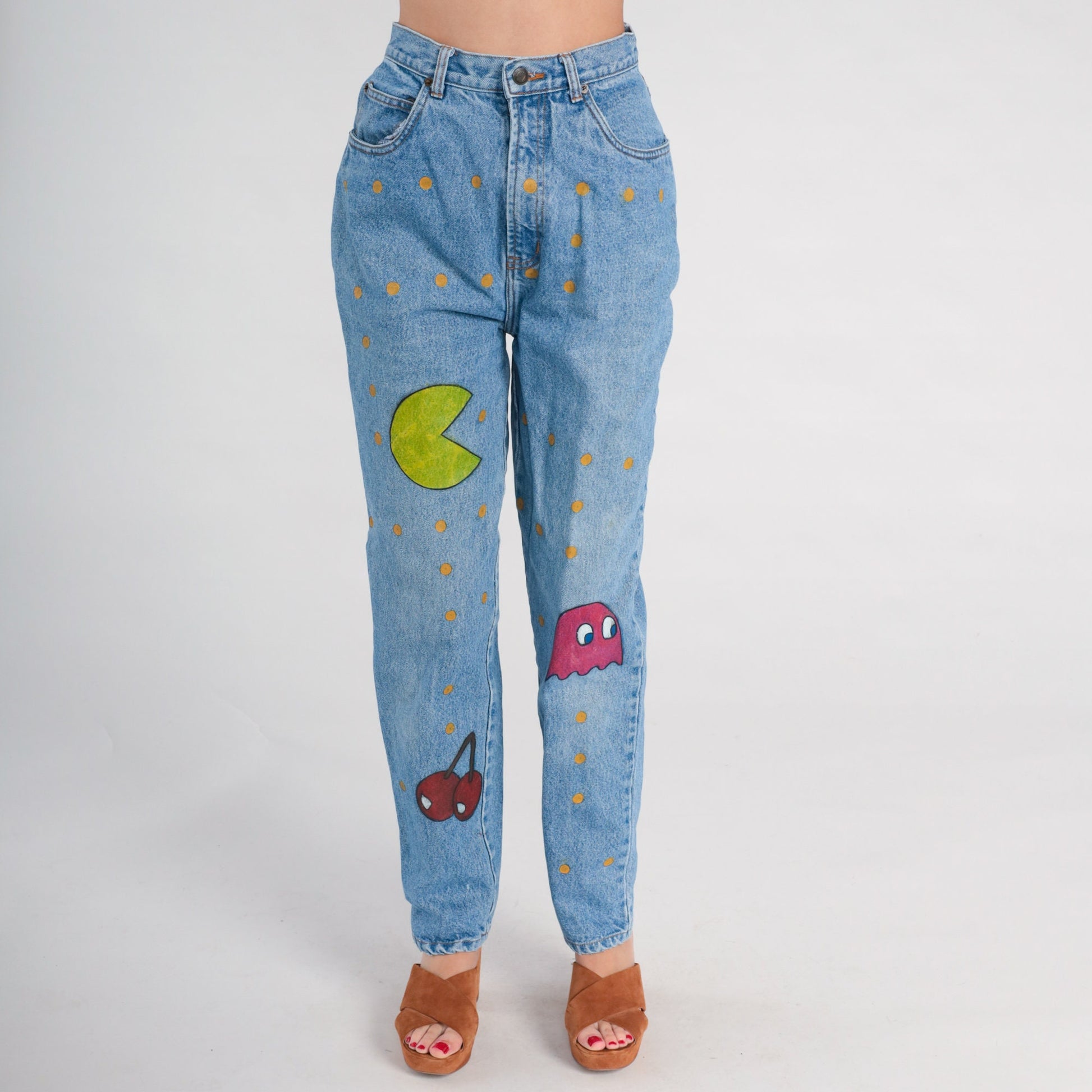 90s Pac-Man Hand Painted High Waist Tapered Jeans Blue Denim Small