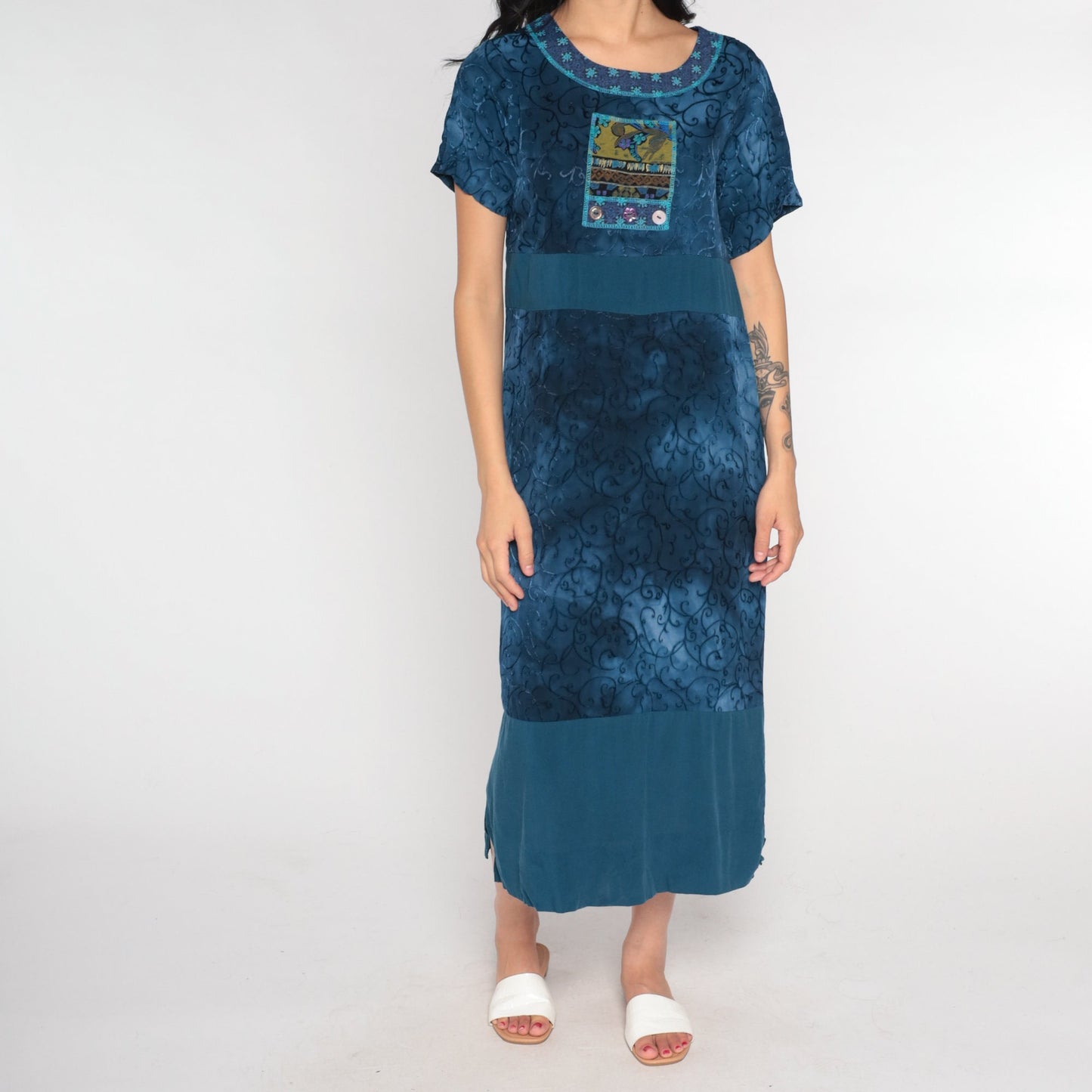 00s Dark Blue Vine Print Midi Dress Geometric Patch Side Slit Small S
