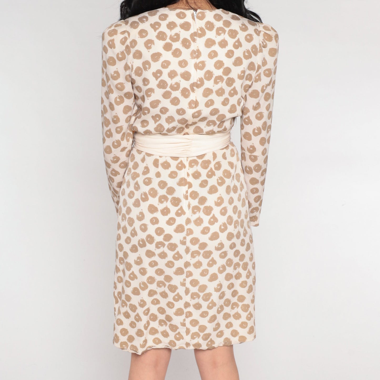 80s Silk Wrap Mini Dress Tan Dot Print V-Neck Puff Sleeve Extra Small