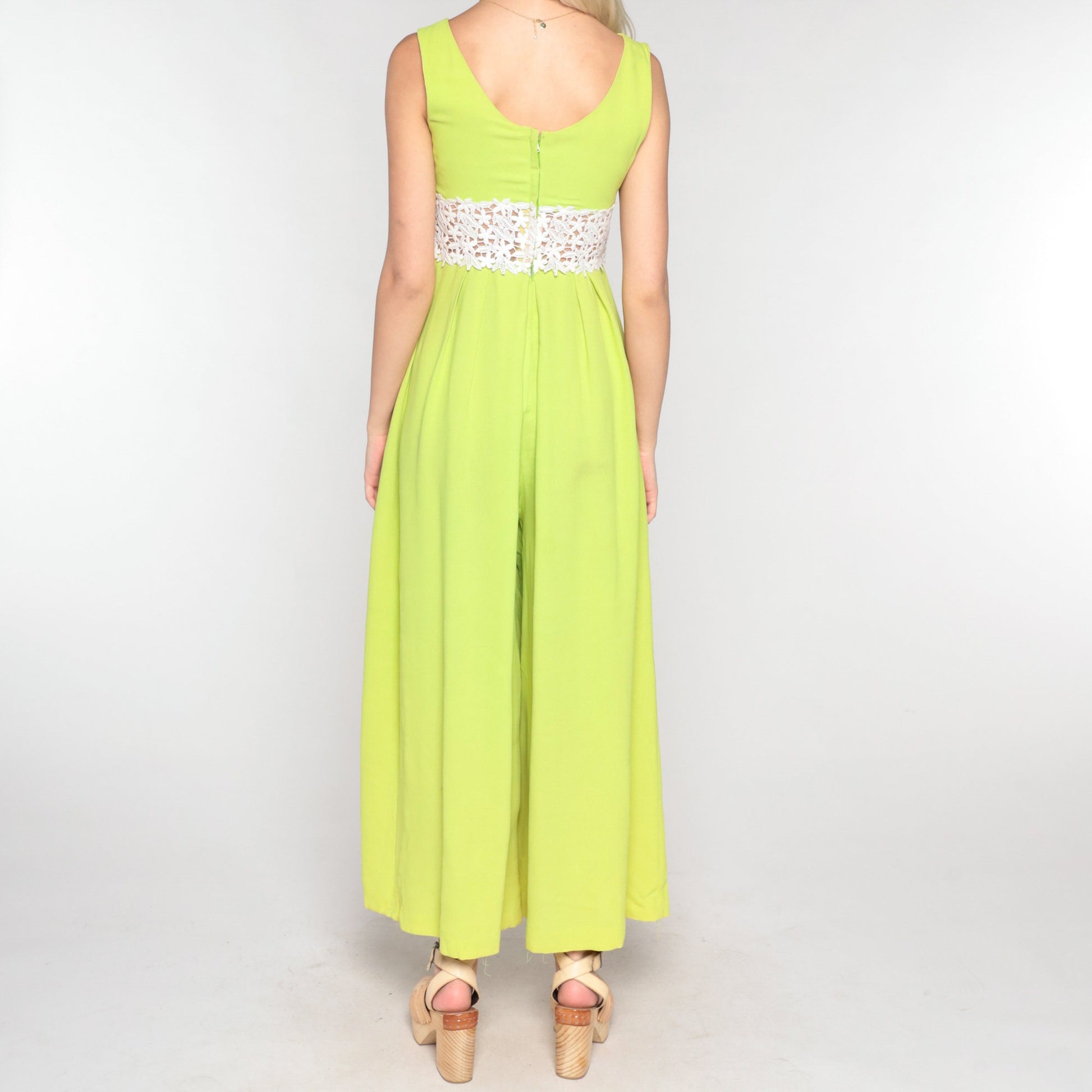 70s Lime Green Jumpsuit Wide Leg Floral Crochet Sleeveless Small