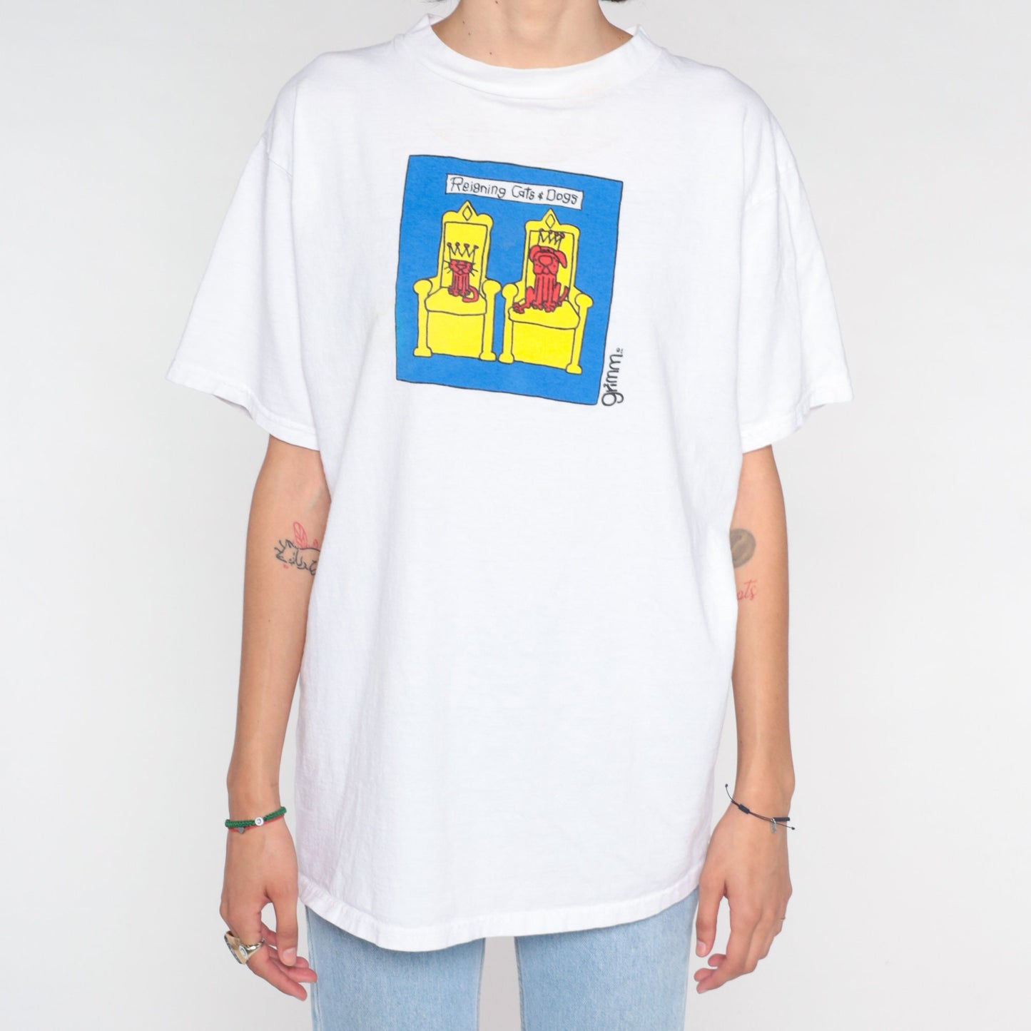 90s Grimm Reigning Cats and Dogs Graphic T-Shirt White Cotton Medium