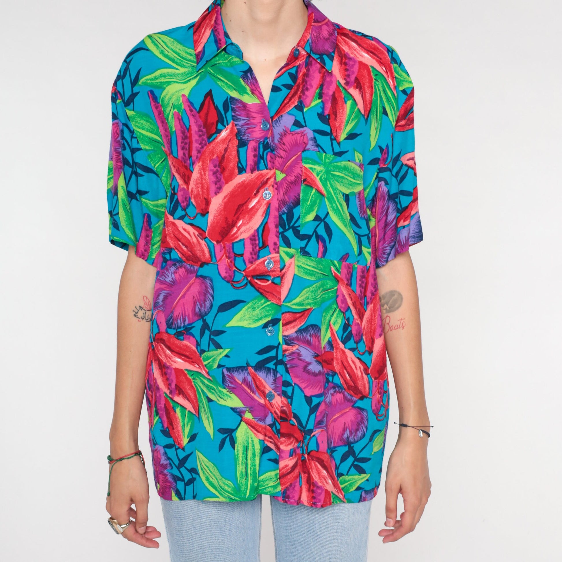 90s Hawaiian Floral Button-Up Blouse Blue Short Sleeve Medium