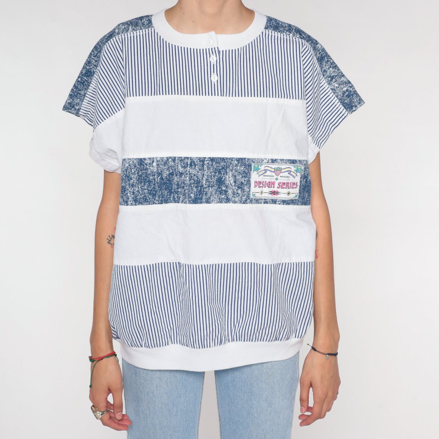 90s Henley Shirt White Blue Striped Cap Sleeve Banded Hem Large