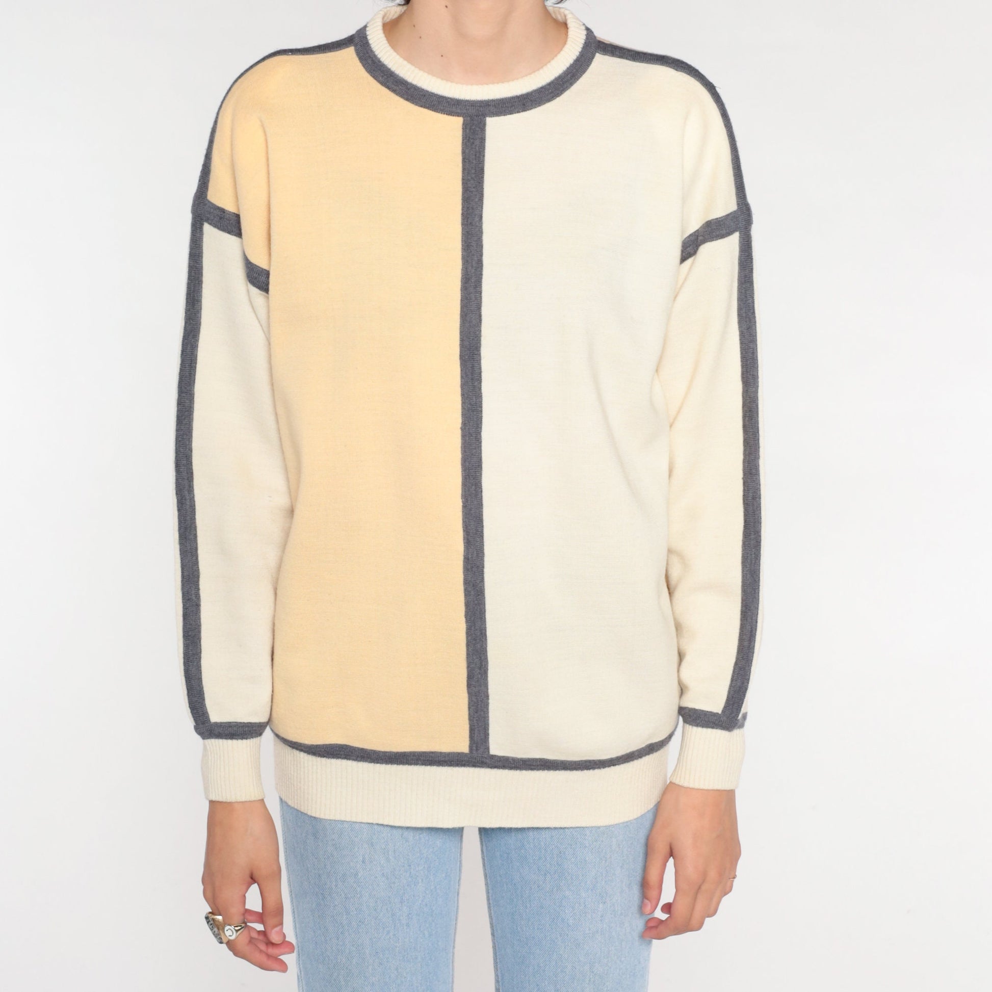 90s Liz Claiborne Wool Blend Crewneck Sweater Beige Grey Trim Medium