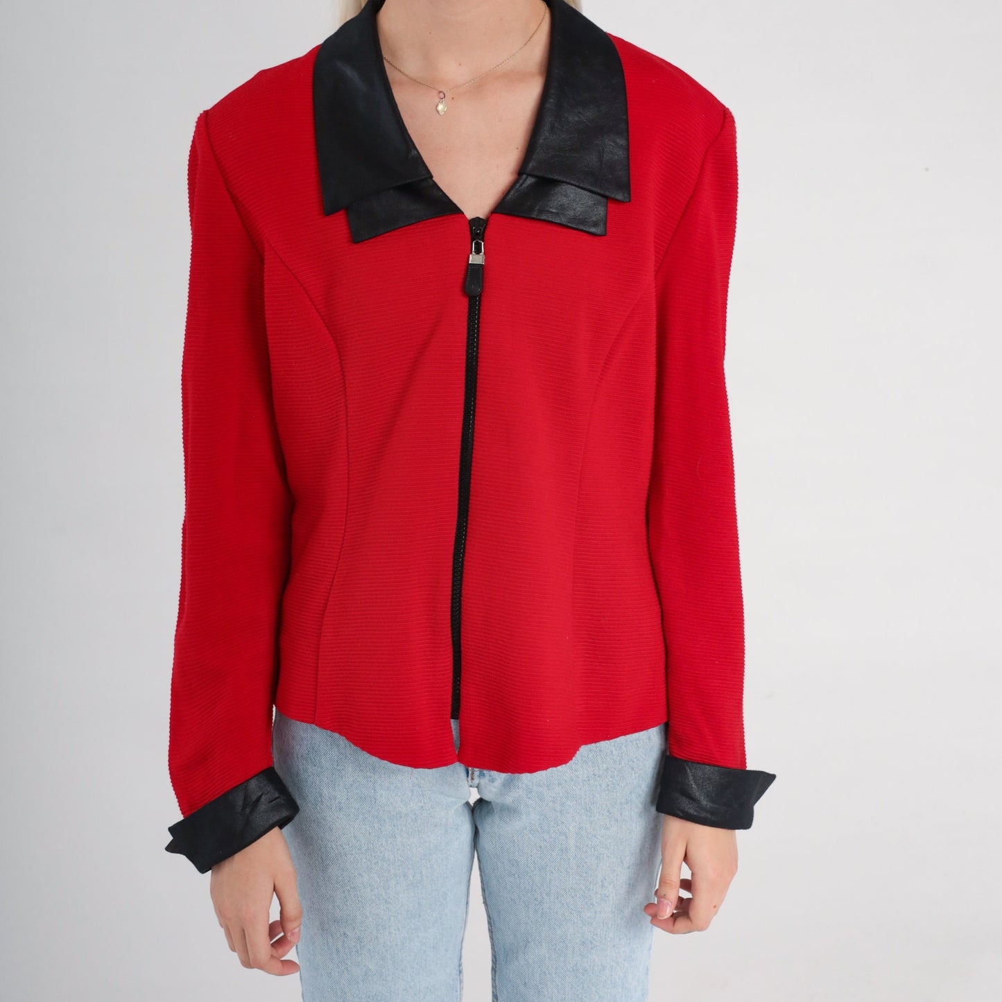 90s Red Blazer Jacket Faux Leather Collar Zip Front Medium