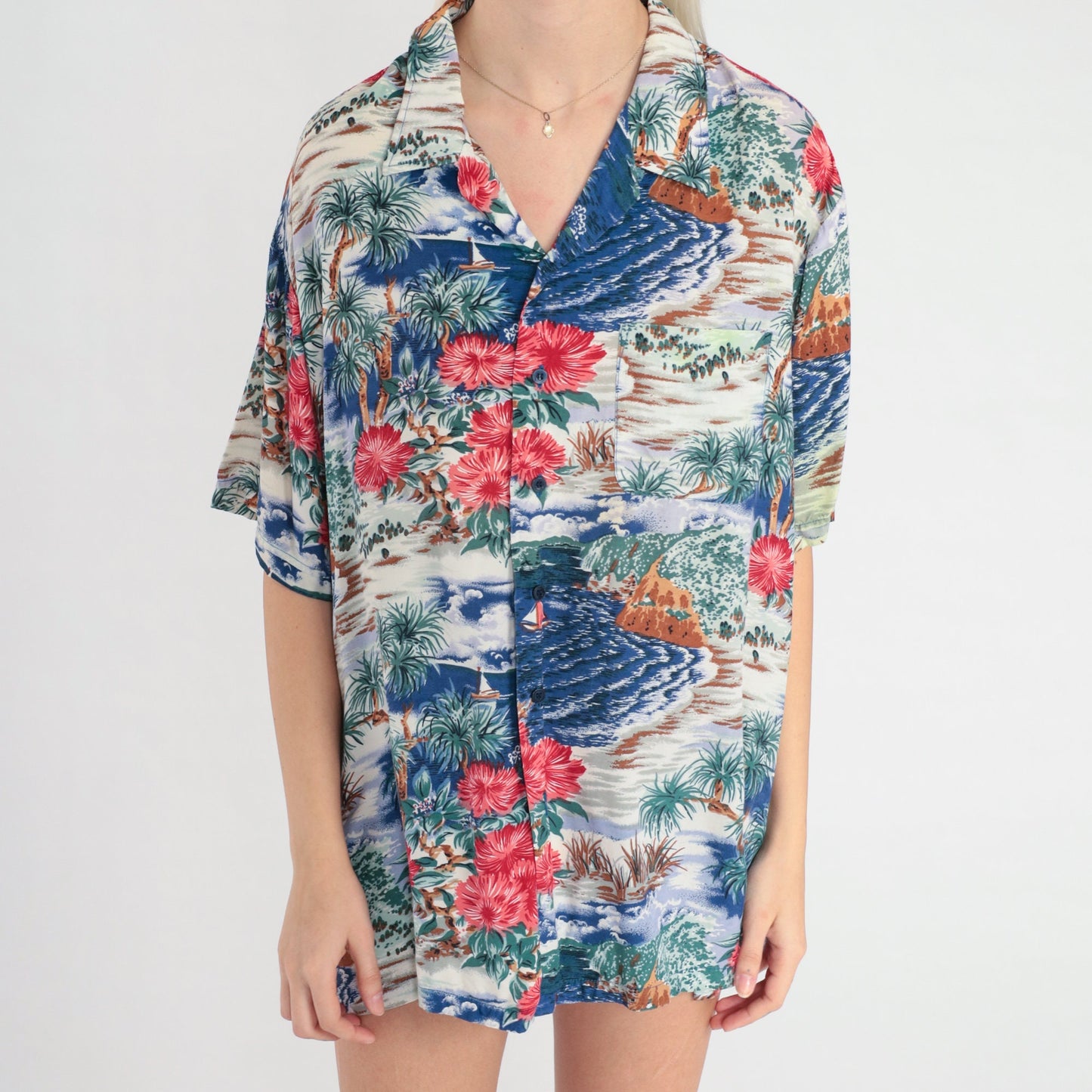 Y2K Hawaiian Islands Button Up Shirt Tropical Print Blue Sailboat Extra Large
