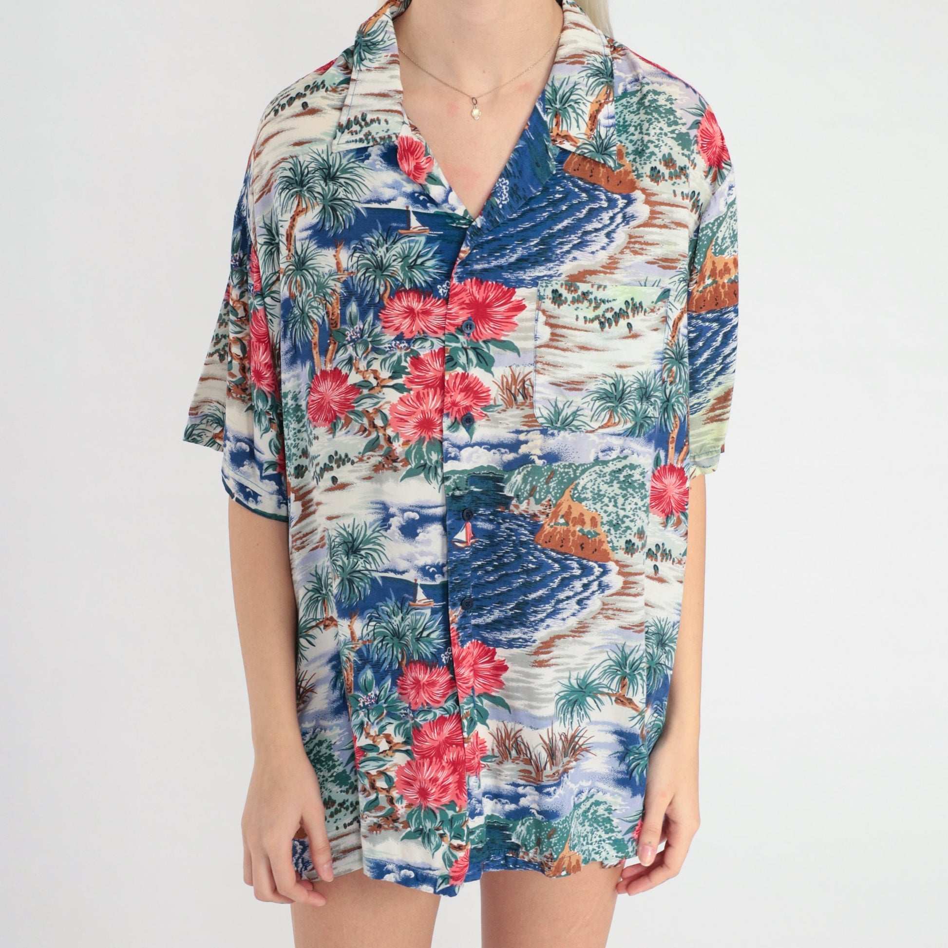 Y2K Hawaiian Islands Button Up Shirt Tropical Print Blue Sailboat Extra Large