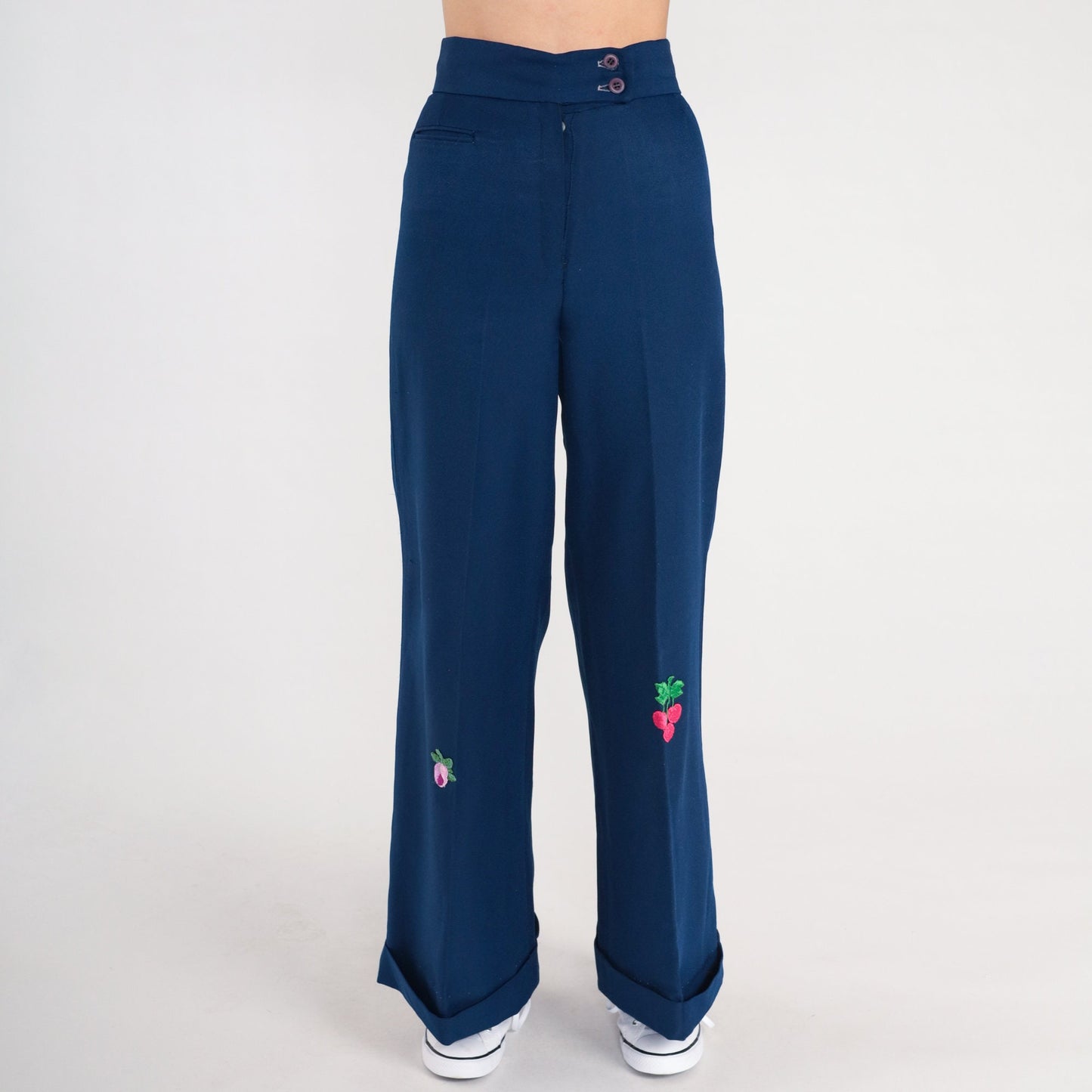 70s Dark Blue Bell Bottom Pants Cherry Flower Patch High Waist Extra Small