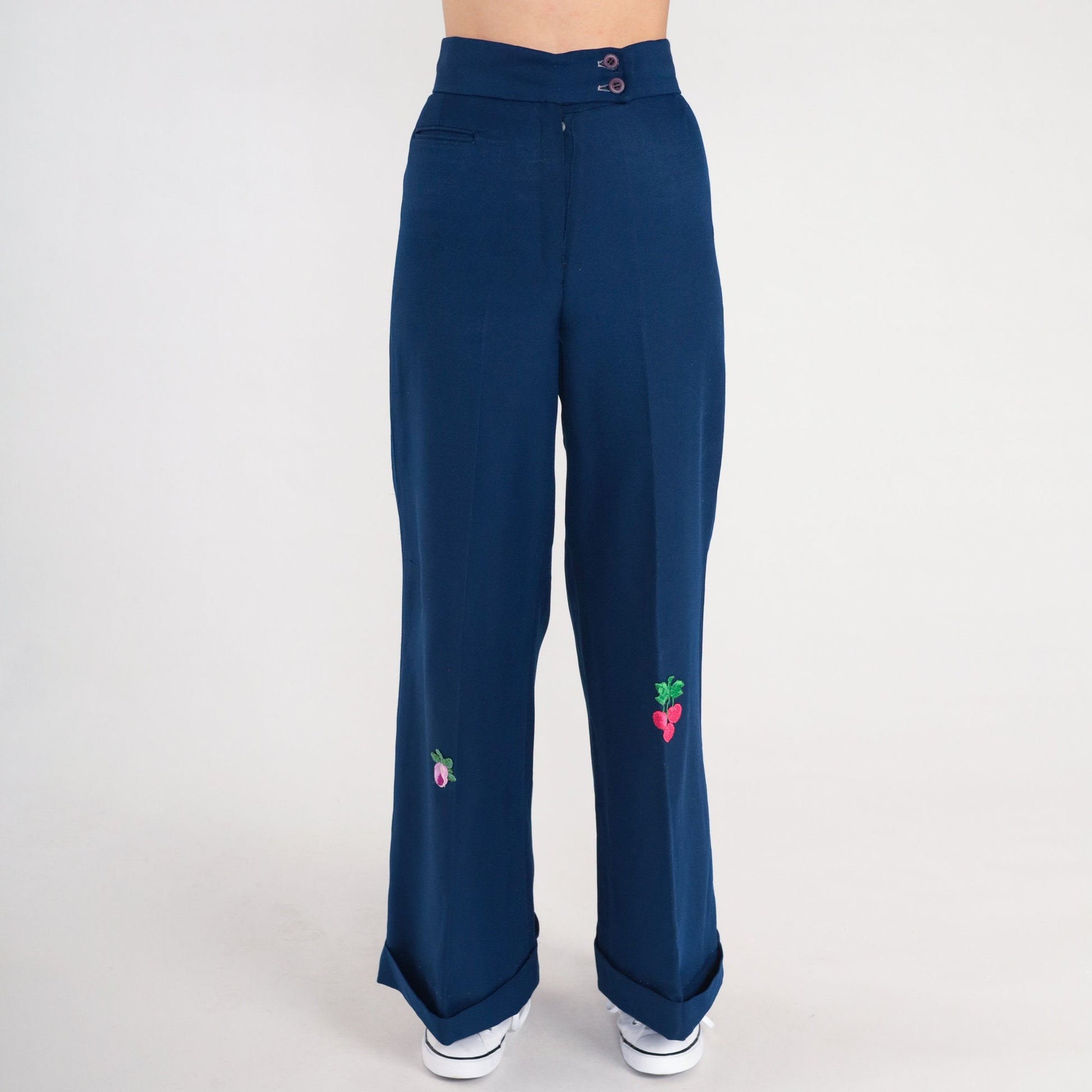 70s Dark Blue Bell Bottom Pants Cherry Flower Patch High Waist Extra Small