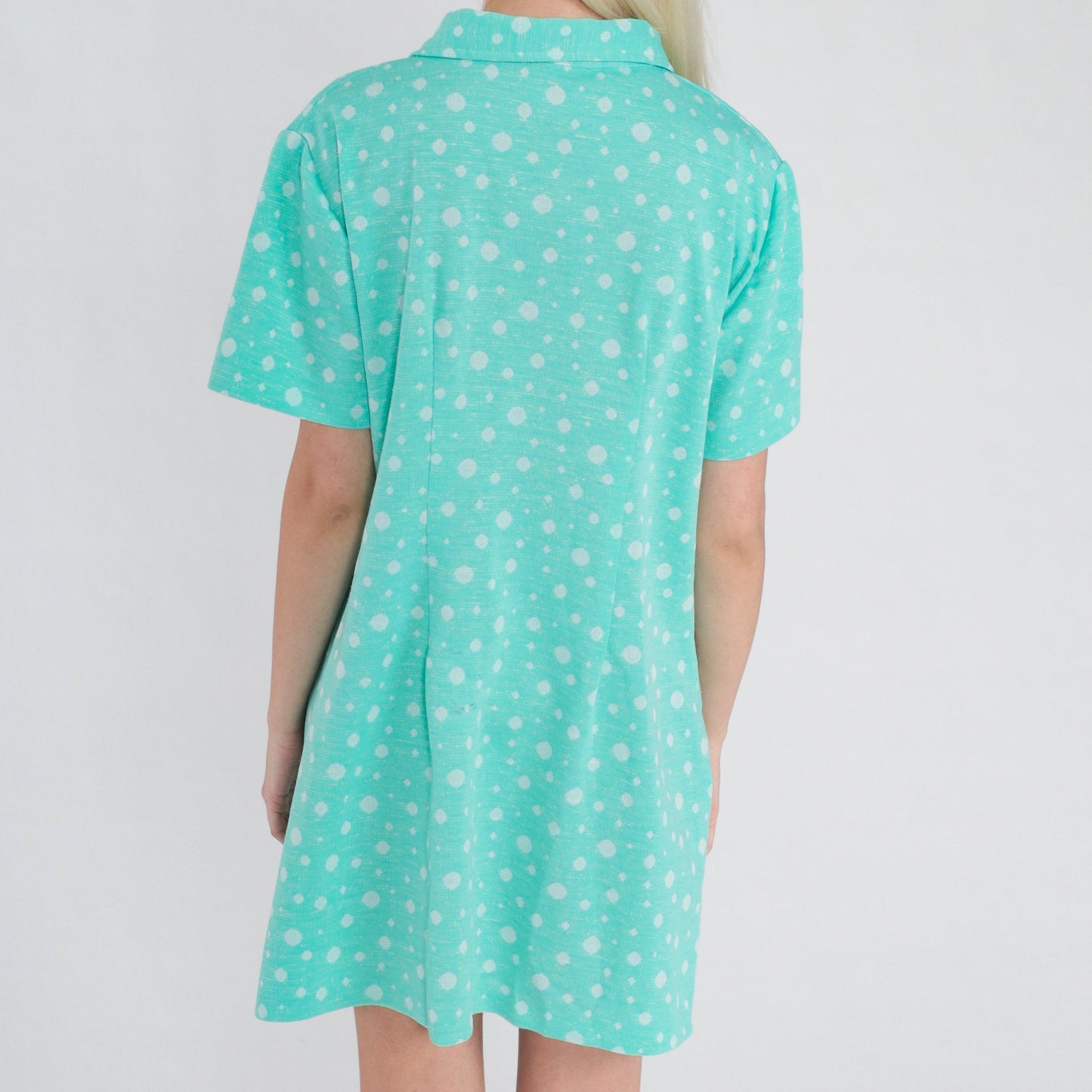 70s Blue-Green Polka Dot Shift Dress Collared Mini Short Sleeve Large L