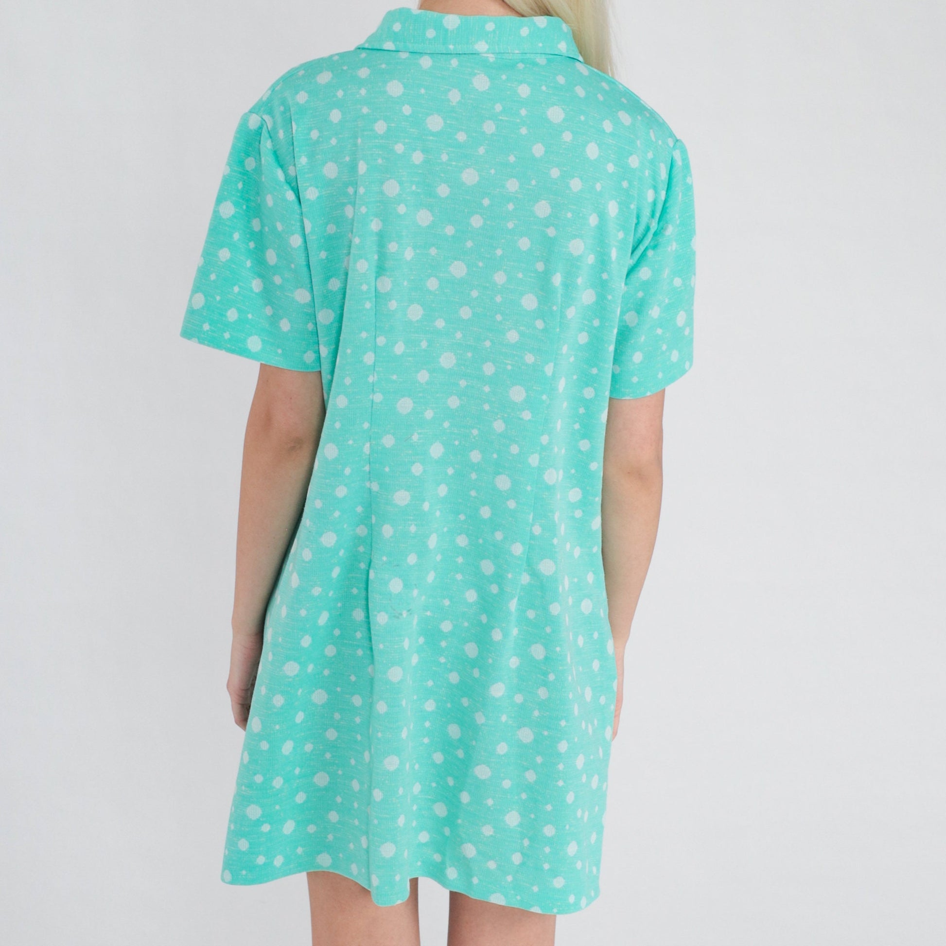 70s Blue-Green Polka Dot Shift Dress Collared Mini Short Sleeve Large L