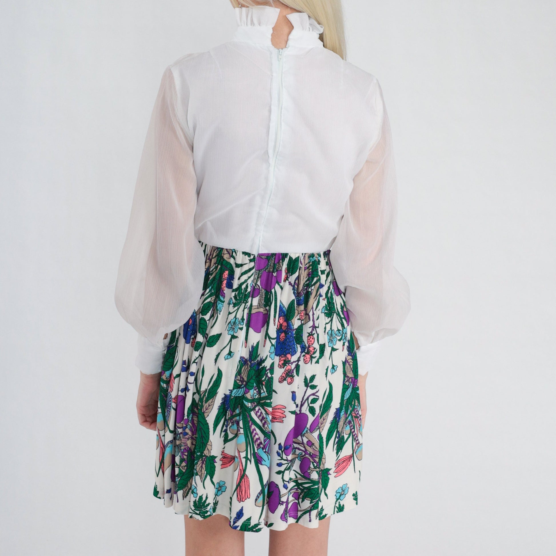 70s Mushroom Print Mini Dress White High Ruffle Neck Sheer Sleeves Small
