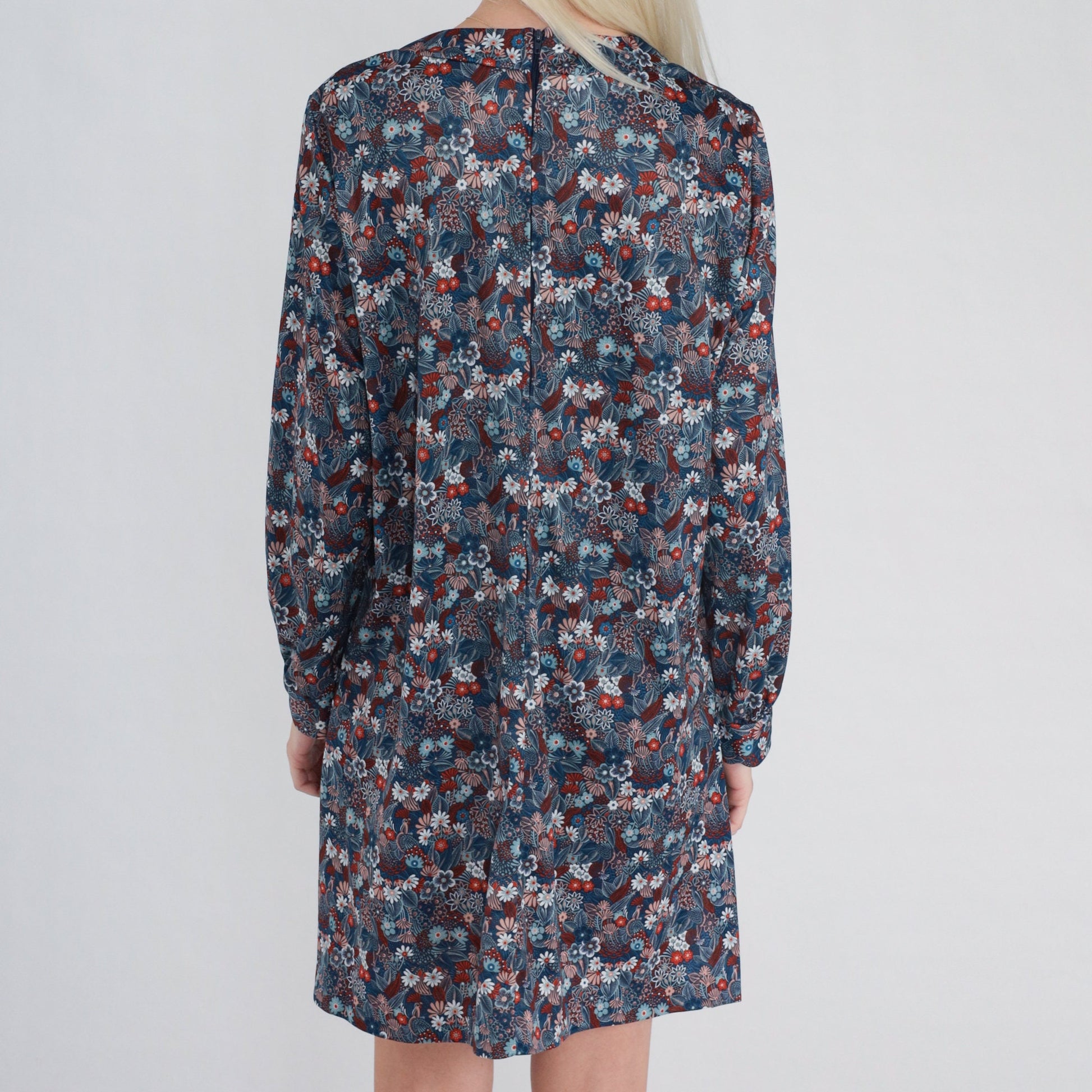 70s Navy Floral Mini Shift Dress Long Sleeve V Neck Medium M