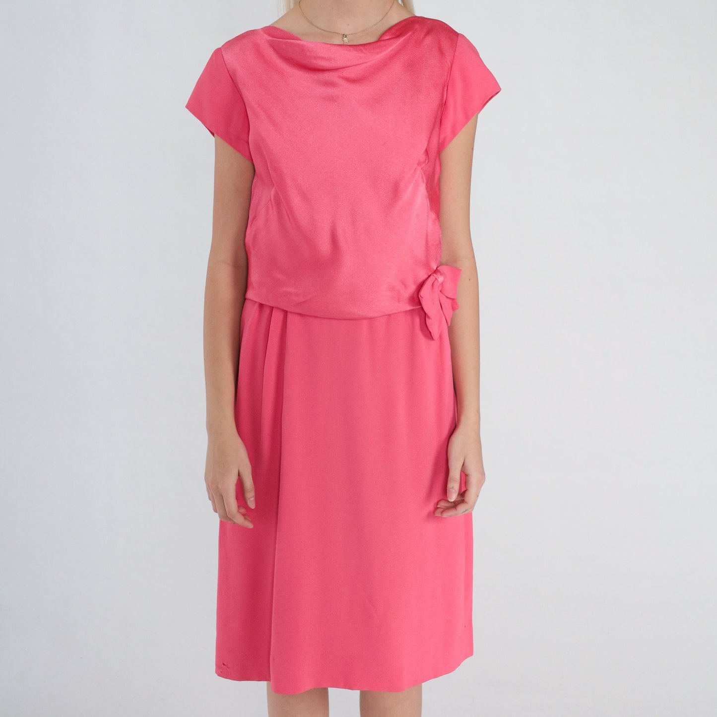 60s Pink Shift Dress Cowl Neck Cap Sleeve Bow Waist Knee Length Medium M