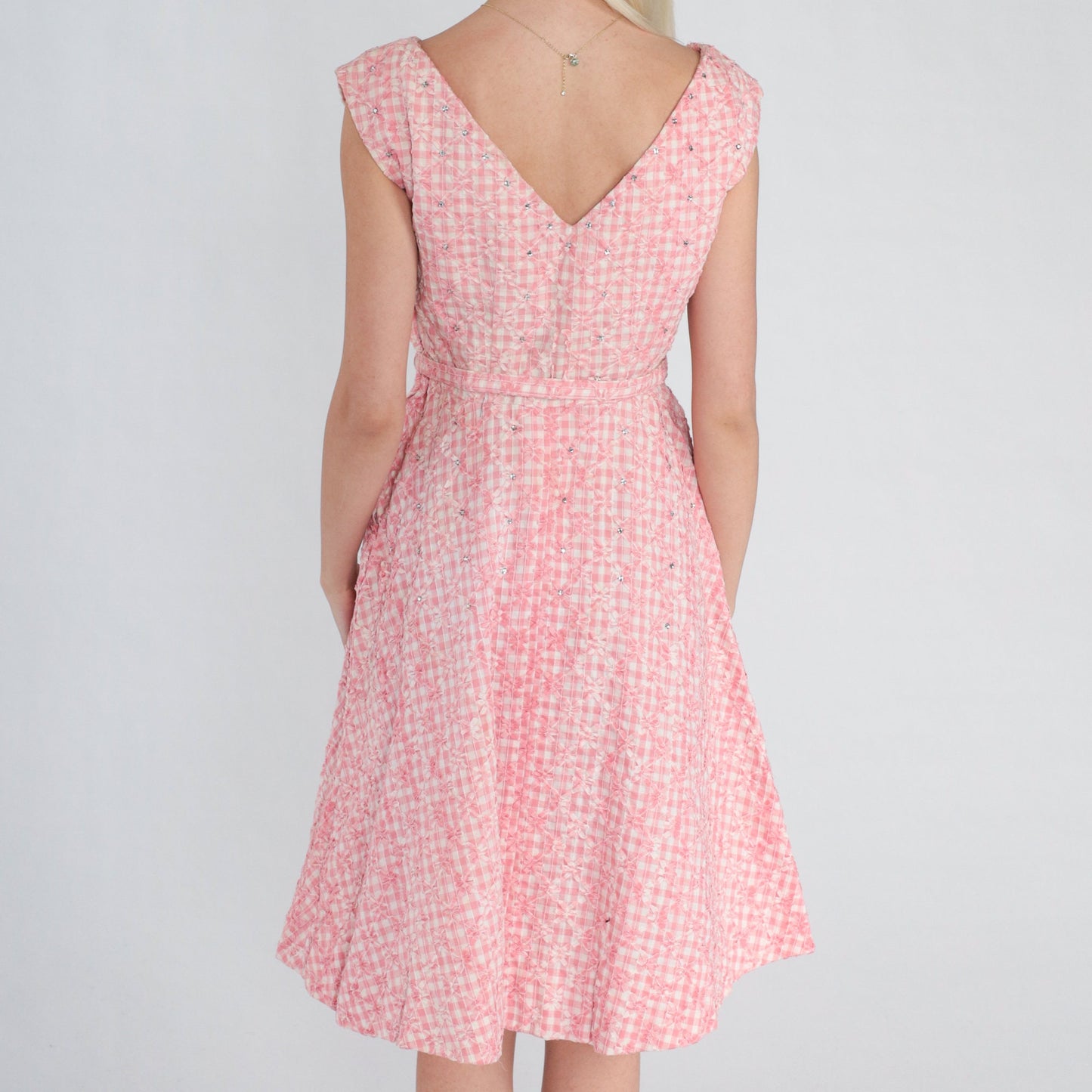 1950s Pink Gingham Mini Dress Rhinestone Cap Sleeve V Neck High Waist Small