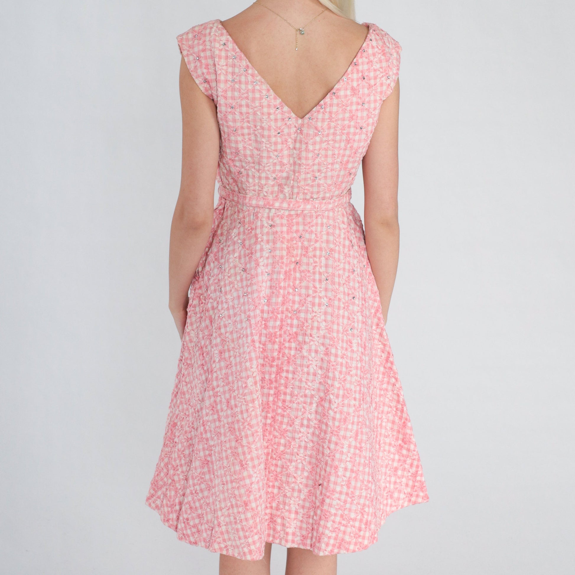 1950s Pink Gingham Mini Dress Rhinestone Cap Sleeve V Neck High Waist Small