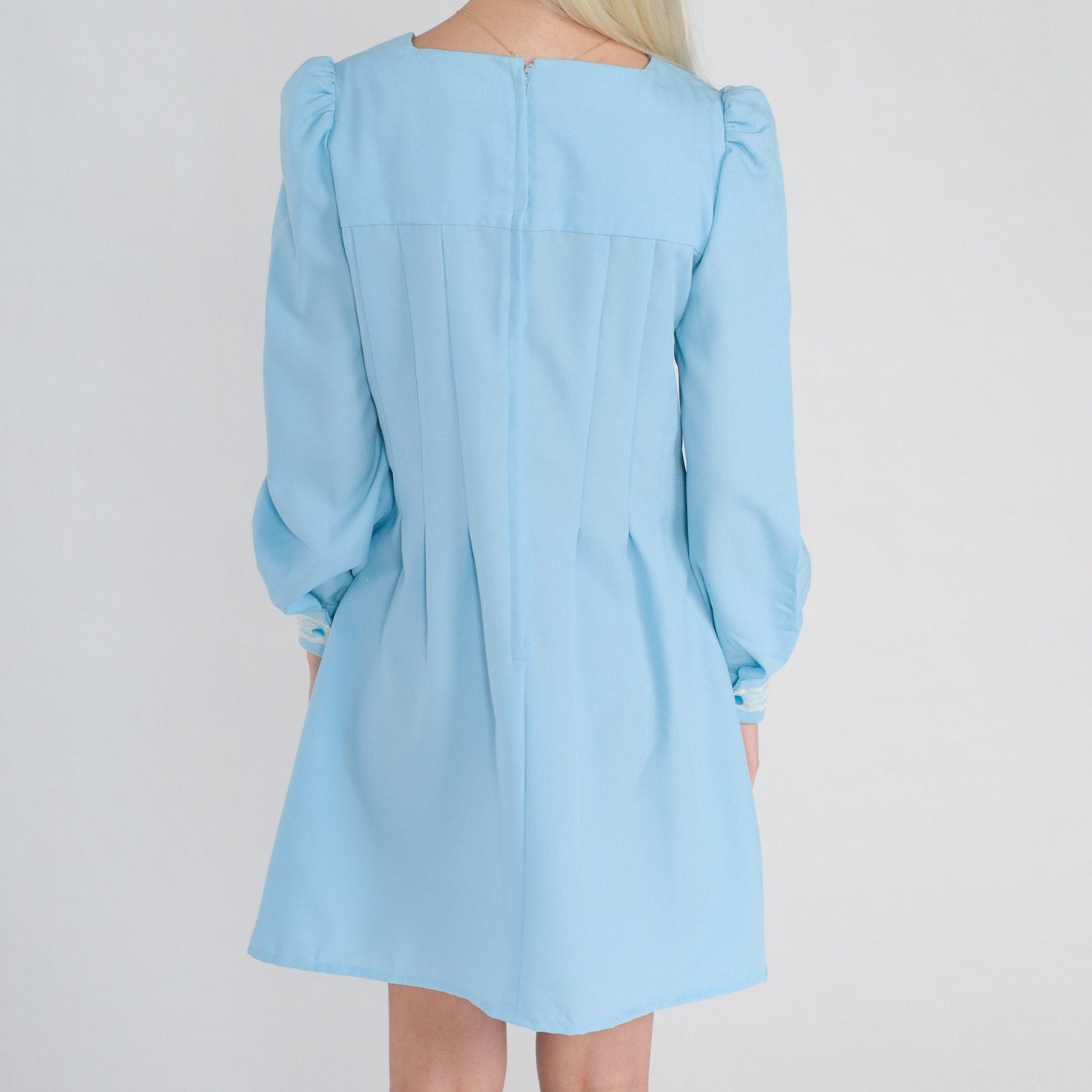 70s Blue Mini Dress Puff Sleeve Pleated Lace Trim Small