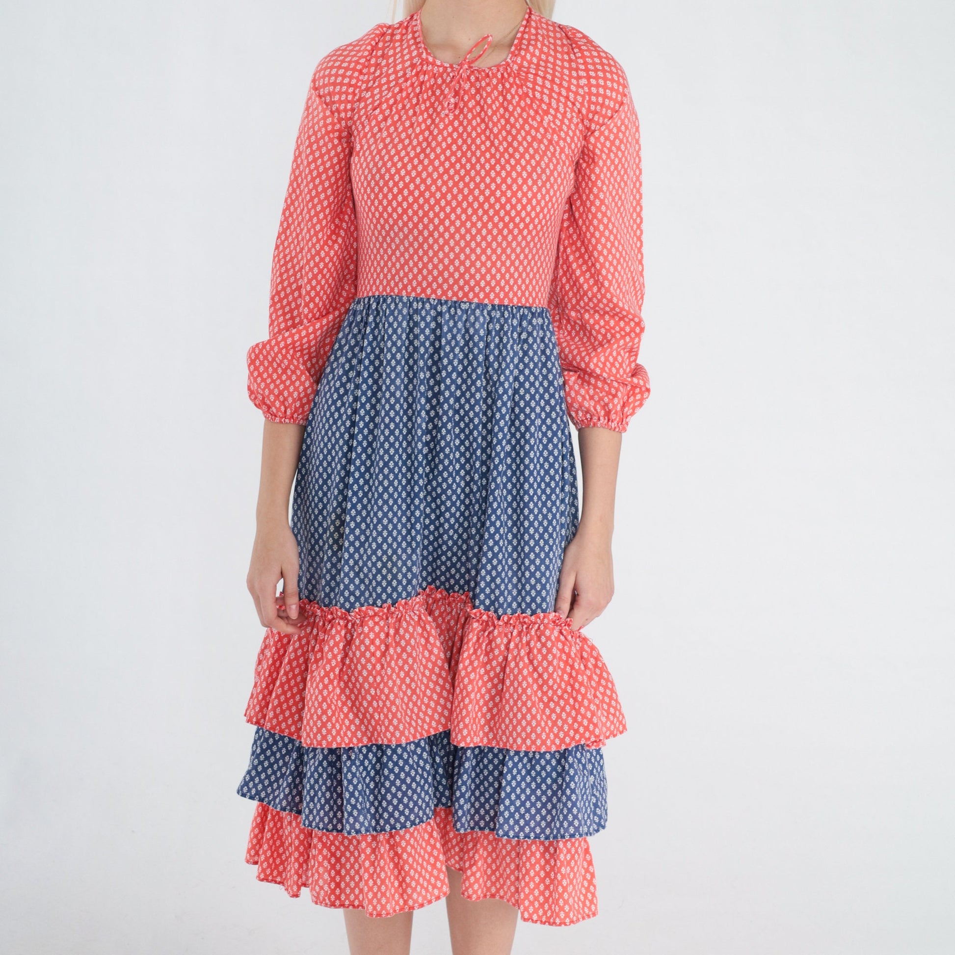 70s Calico Floral Midi Dress Red Blue Tiered 3/4 Sleeve XXS