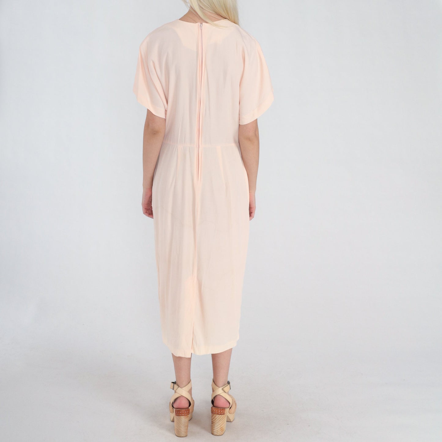 80s Pale Pink Pleated Midi Dress Short Sleeve Cocoon Acetate Medium Large