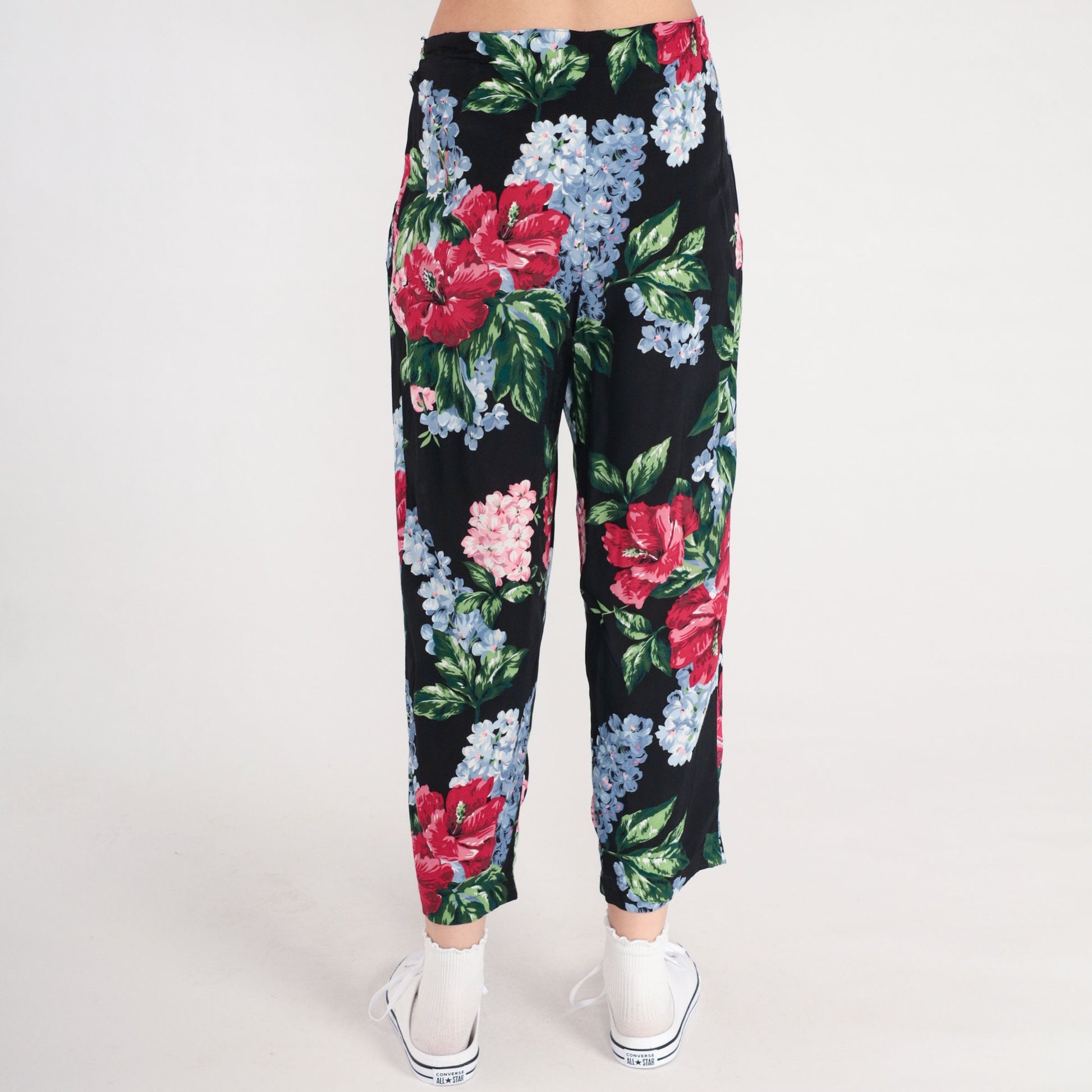 90s Floral Rayon Pants High Waist Pleated Tapered Black Print Small
