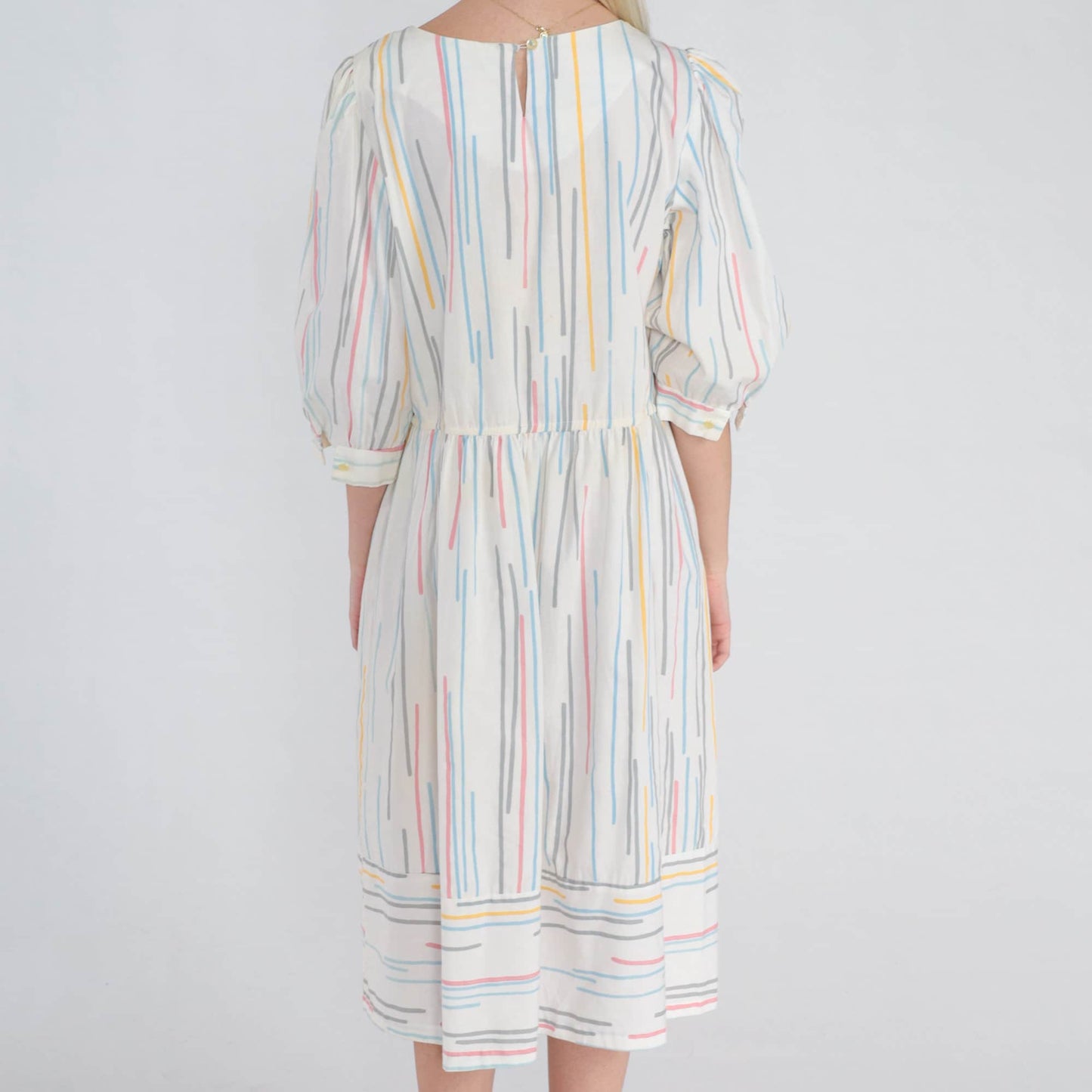 80s Striped Midi Dress Puff Sleeve White Multicolor High Waist Large L