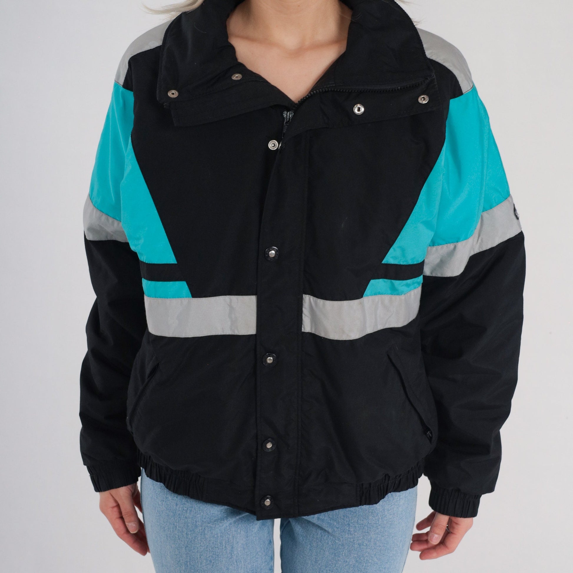 80s Thinsulate Puffer Jacket Black Blue Color Block Ski Coat Large