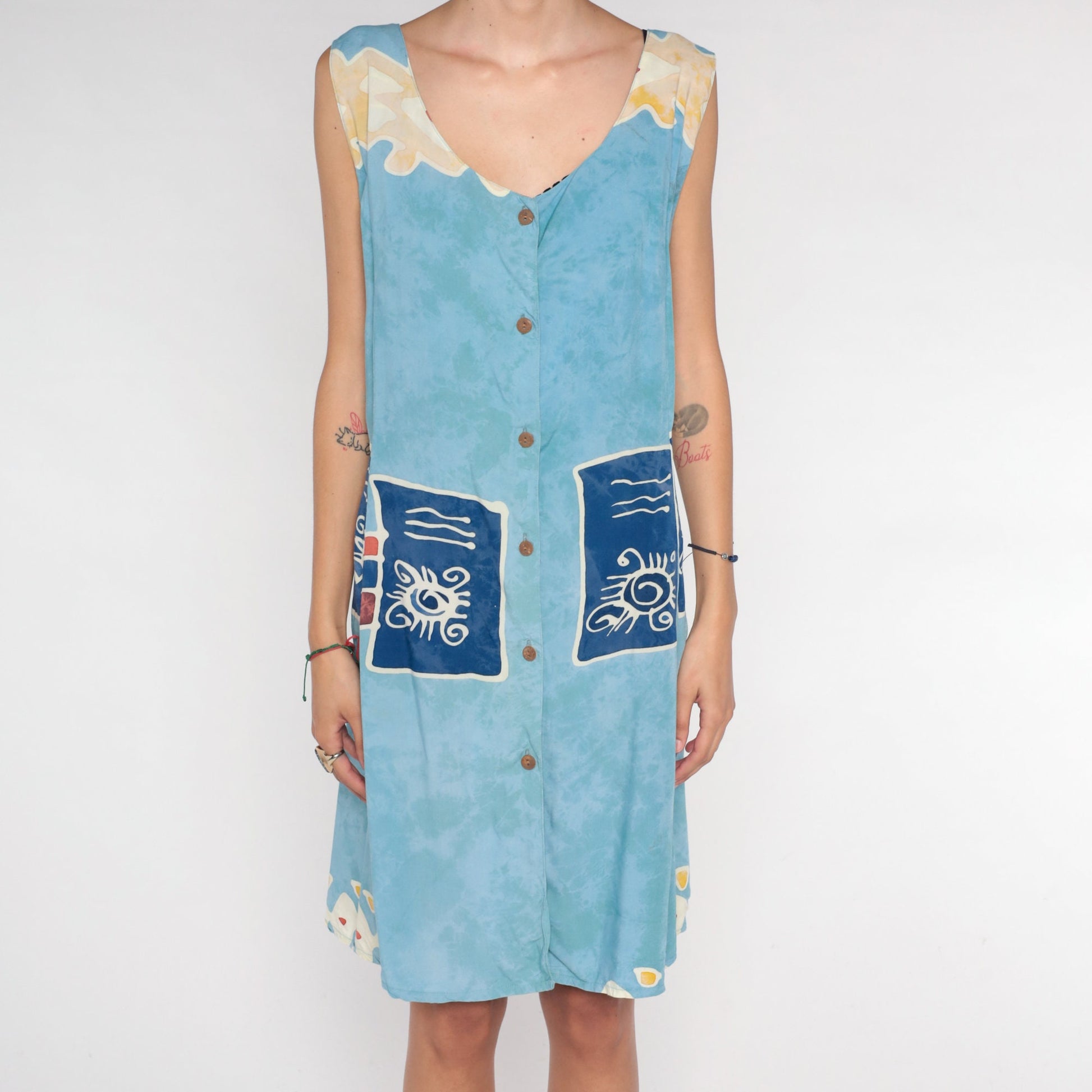 00s Blue Abstract Eye Print Mini Dress Sleeveless Button Front Extra Large XXL