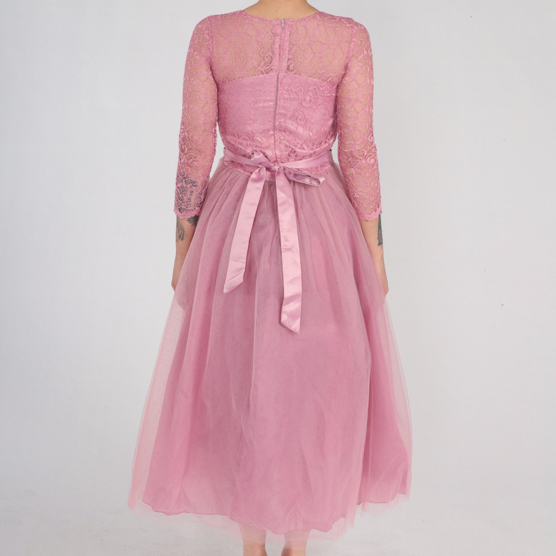 1960s Pink Lace Tulle Midi Dress High Waist Illusion Neckline XXS
