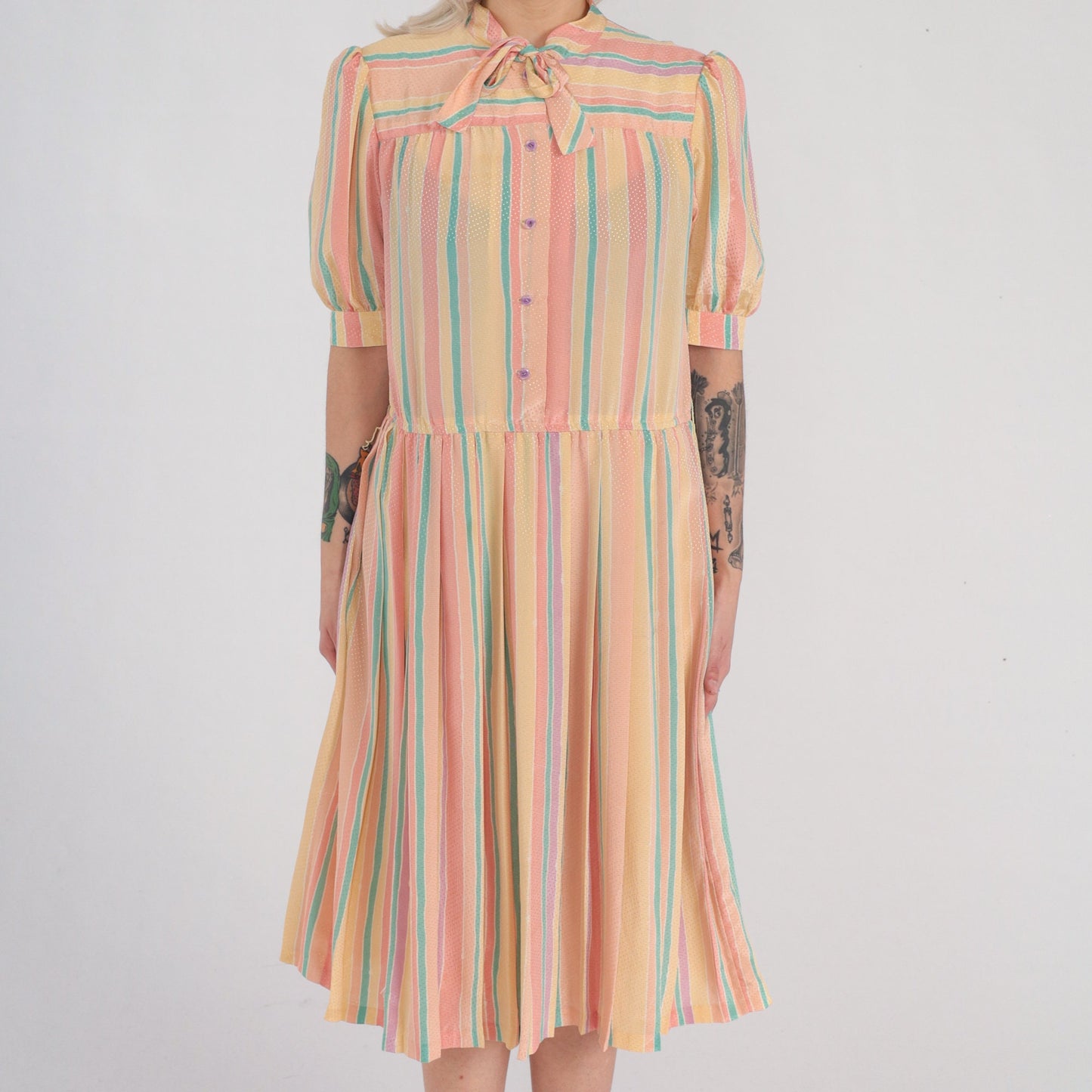 90s Striped Midi Dress Puff Sleeve Button-Up Necktie Bow High Waist Medium M