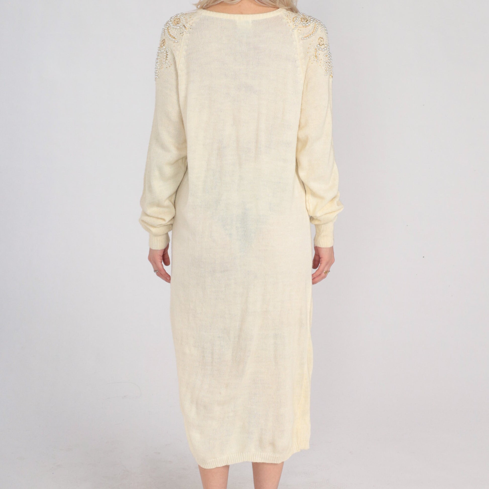 80s Cream Knit Midi Dress Pearl Beaded Shoulders Long Sleeve Shift Large L