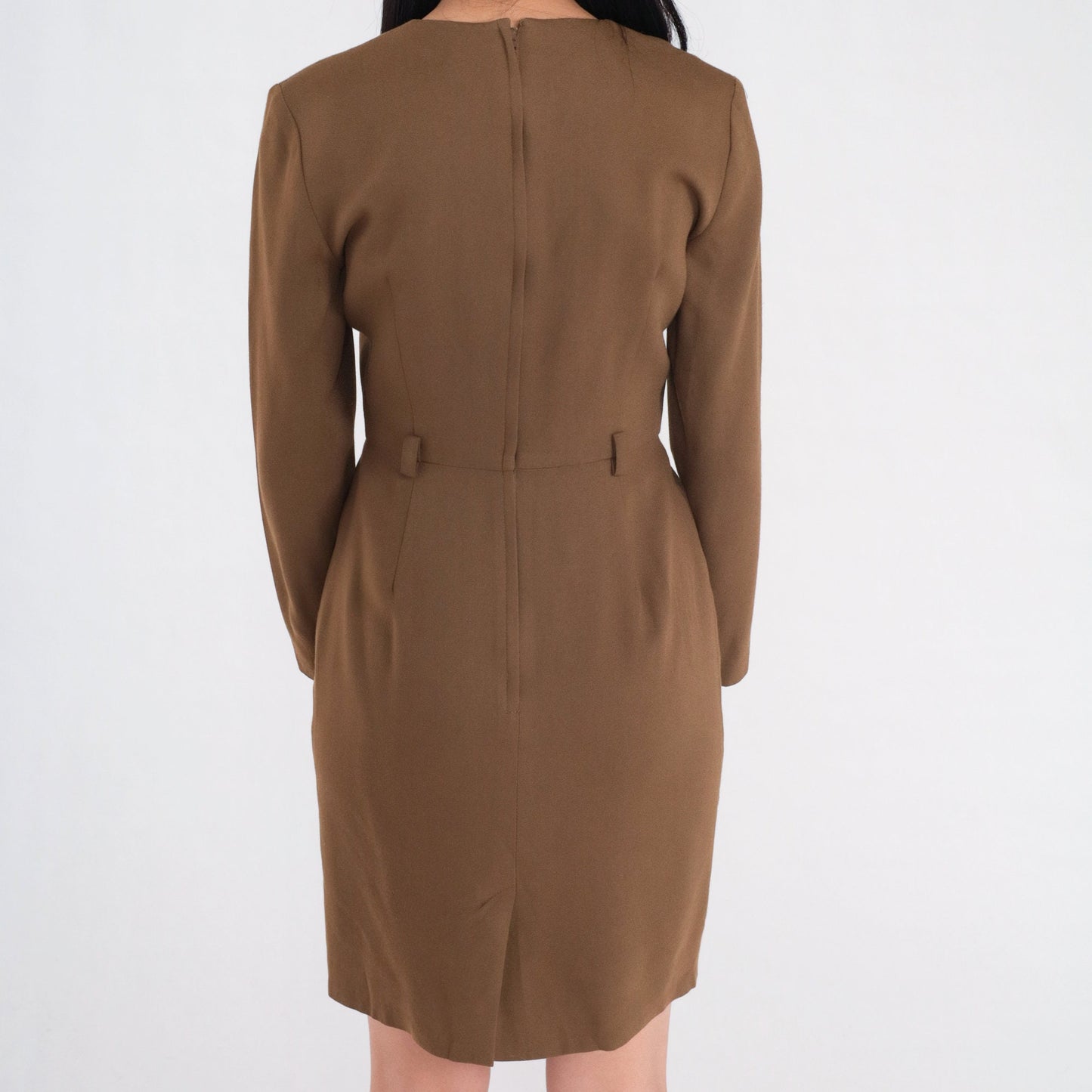90s Petite Sophisticate Brown Wool Blend Mini Sheath Dress Long Sleeve Extra Small XS