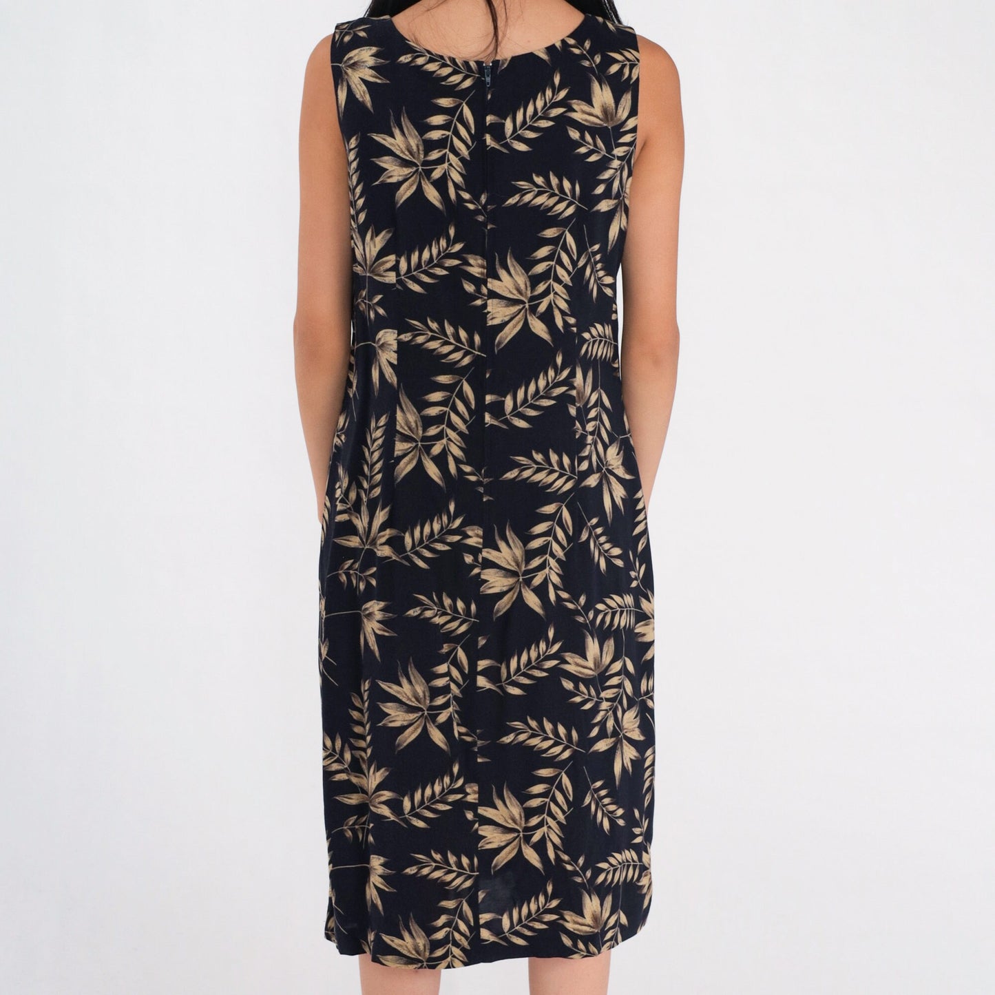90s Black Leaf Vine Print Sleeveless Dress Knee Length Tank Medium M