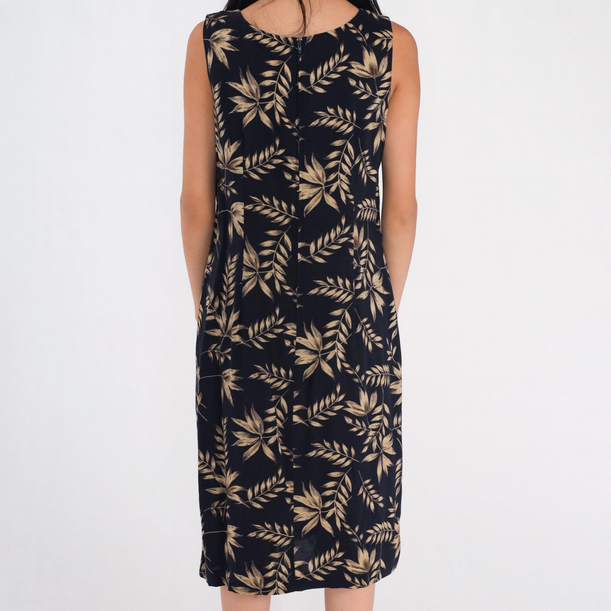 90s Black Leaf Vine Print Sleeveless Dress Knee Length Tank Medium M