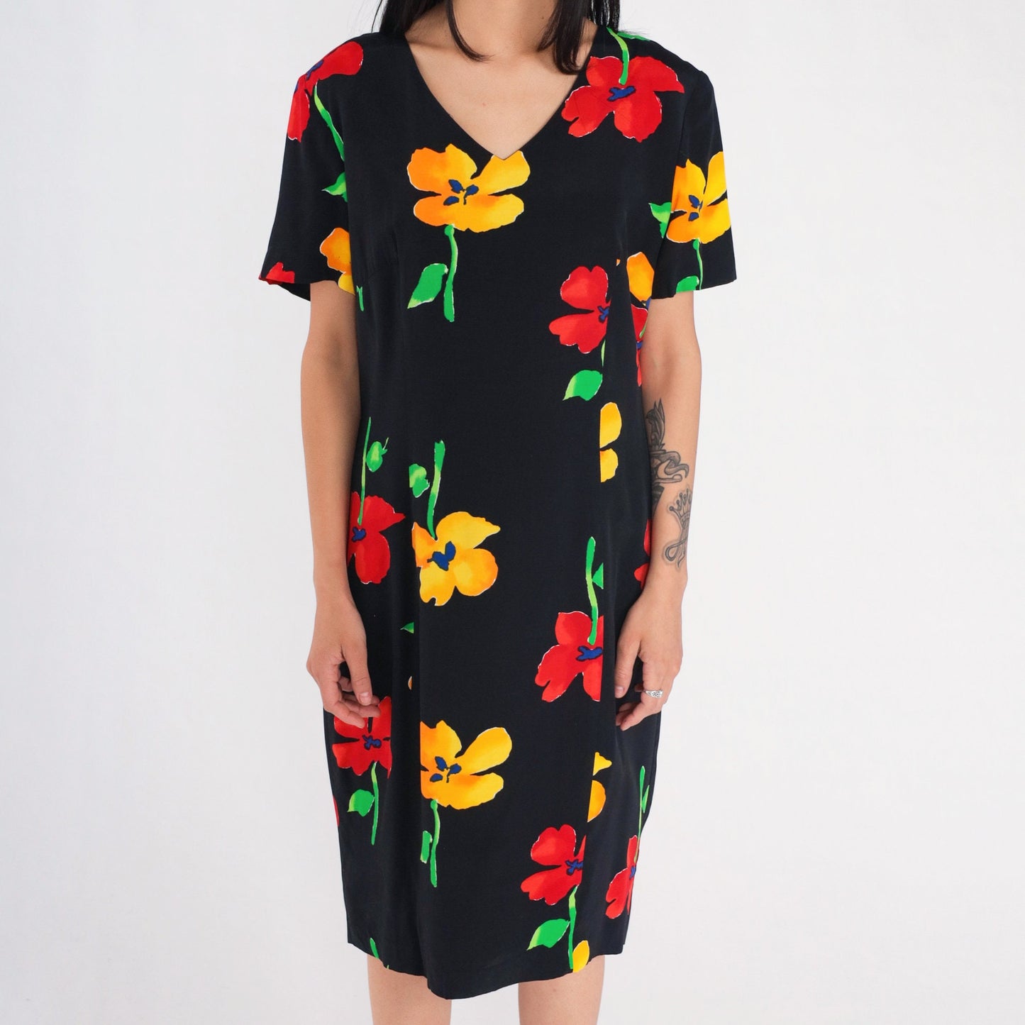 90s Black Poppy Floral Midi Dress Short Sleeve Knee Length Large