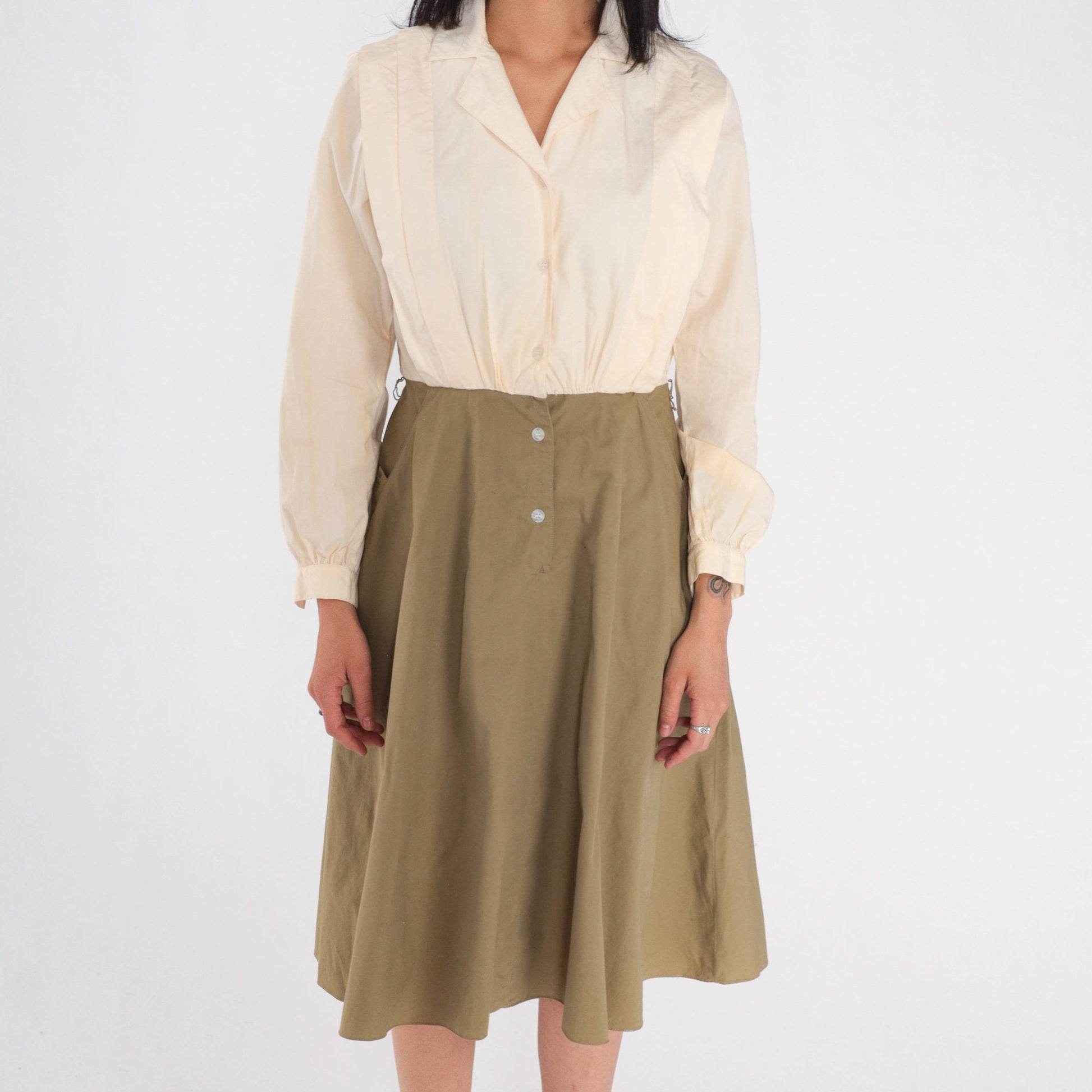 80s Leslie Fay Button-Up Shirtwaist Midi Dress Cream Olive Small