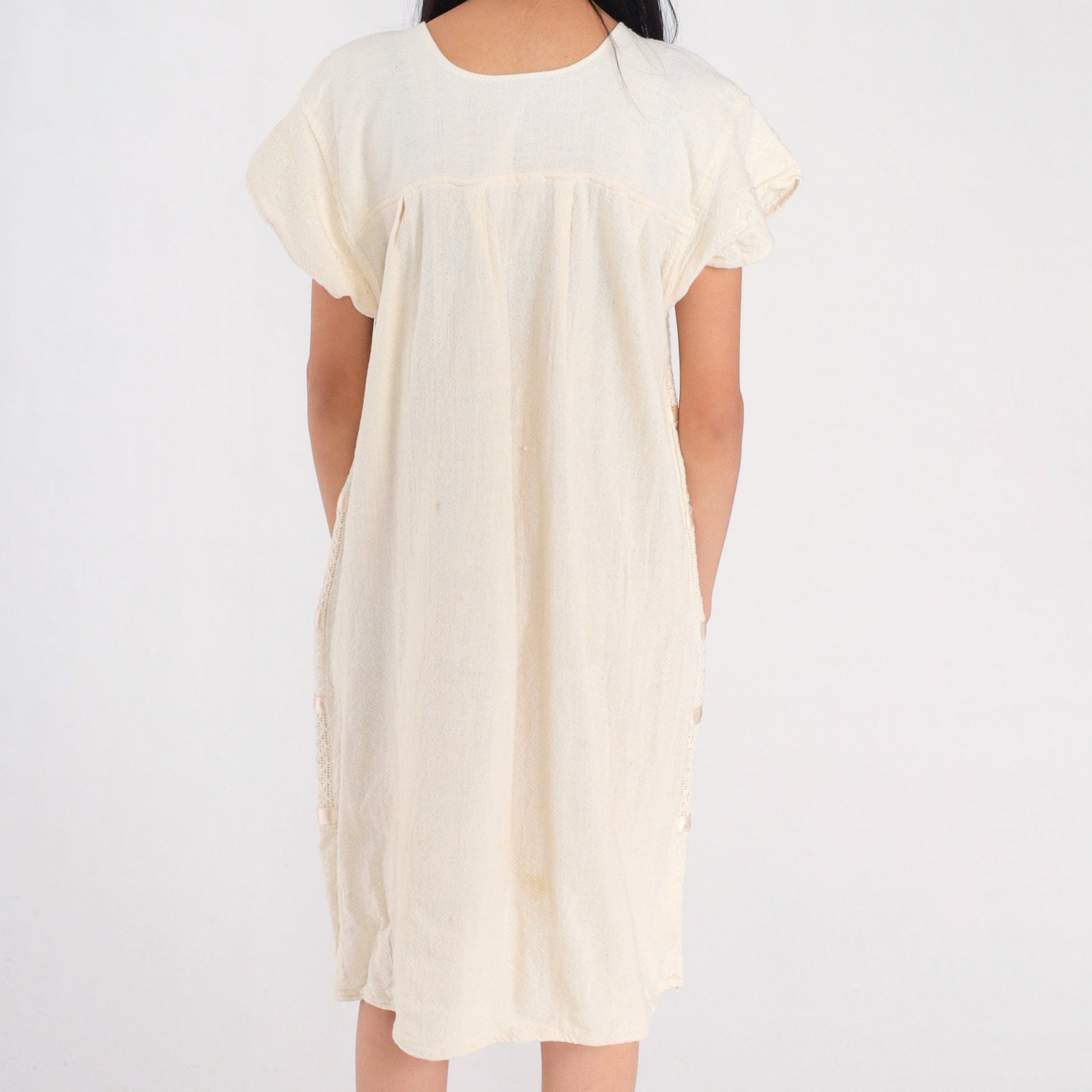 90s Cream Cotton Woven Midi Dress Cap Sleeve Tiered Medium Large