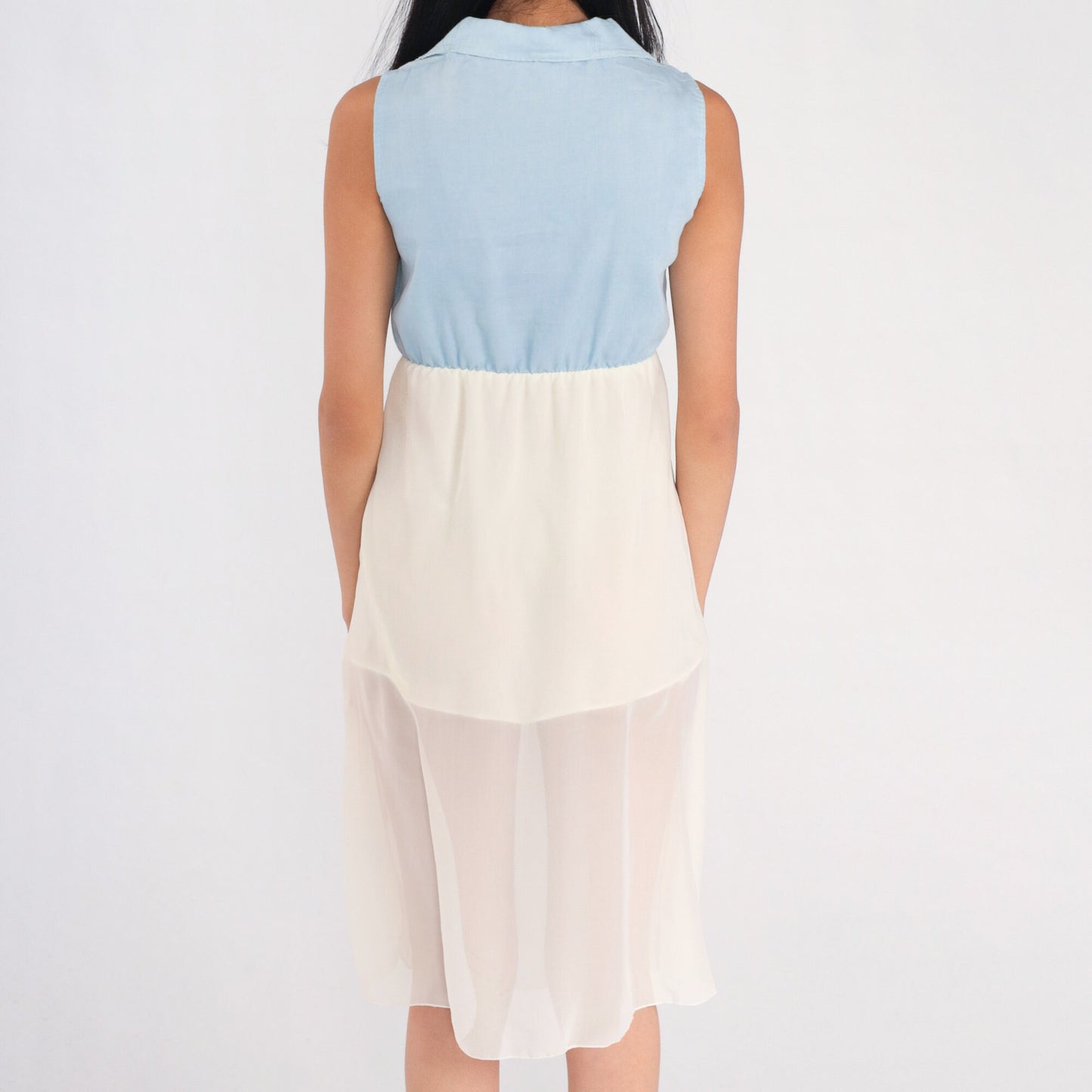 00s Tie Front Mini Dress Blue Bodice White Chiffon Sleeveless Small S