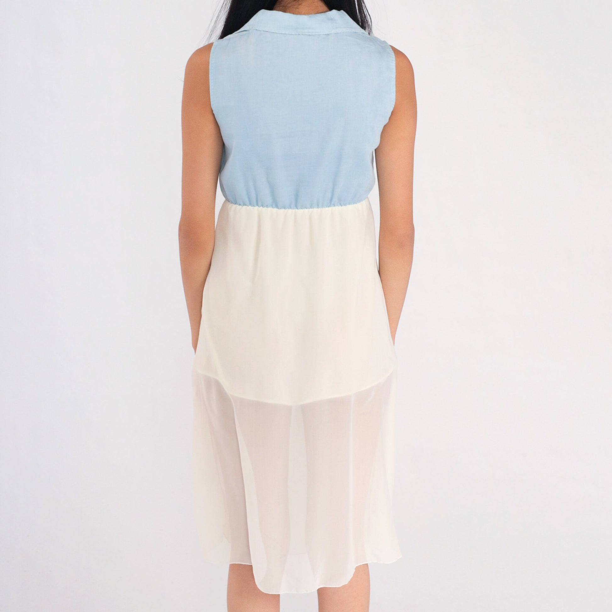 00s Tie Front Mini Dress Blue Bodice White Chiffon Sleeveless Small S