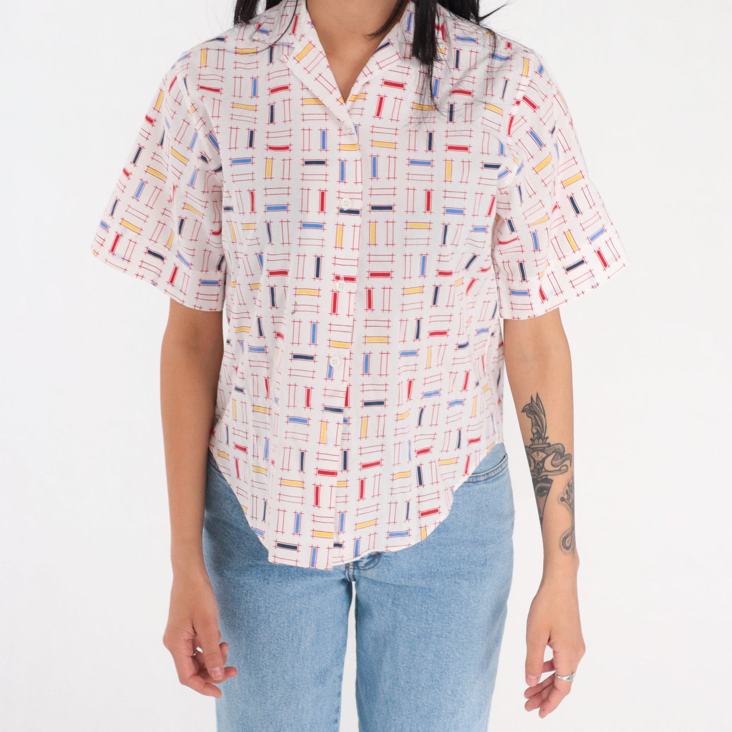 90s White Button Up Blouse Multicolor Geometric Lattice Print Short Sleeve Small
