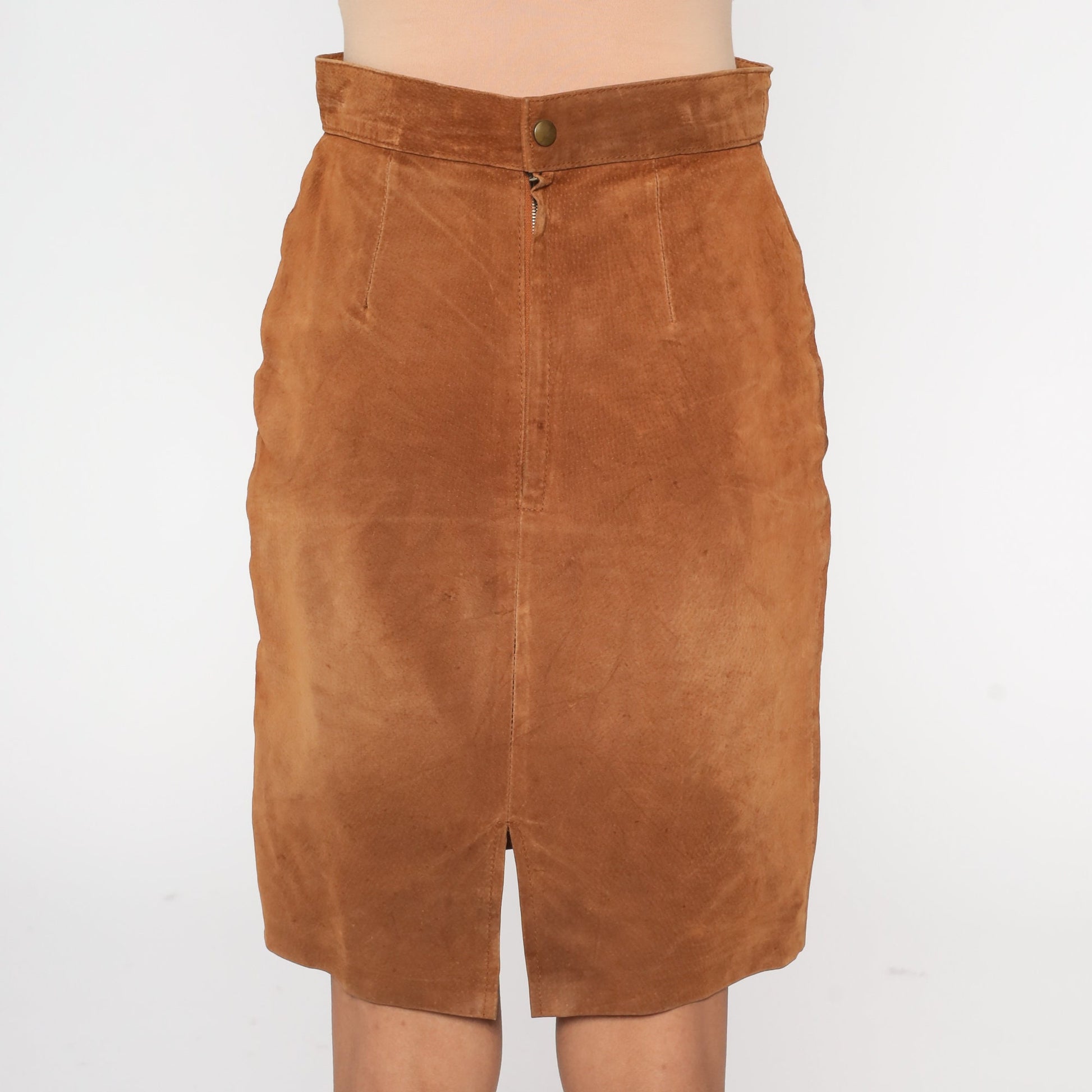 90s Brown Suede Mini Skirt High Waist Pencil Cut Rear Zipper Small