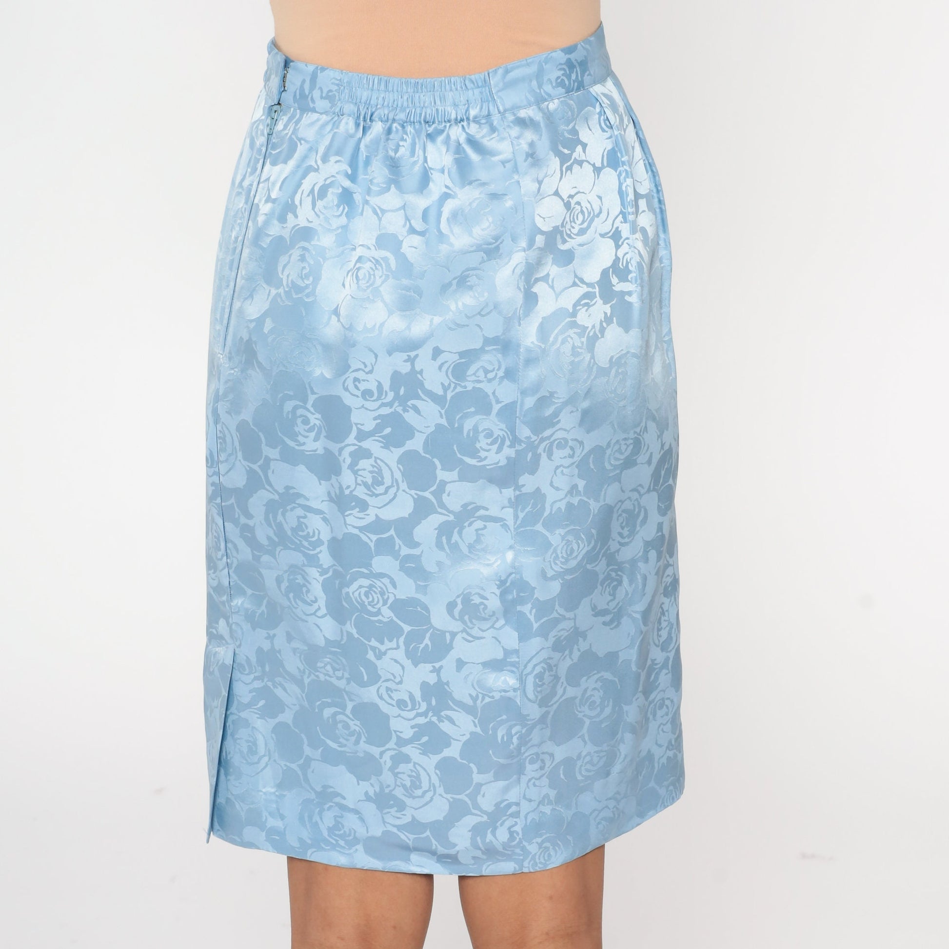 00s Blue Silk Floral Skirt Embossed High Waisted Knee Length Small 4