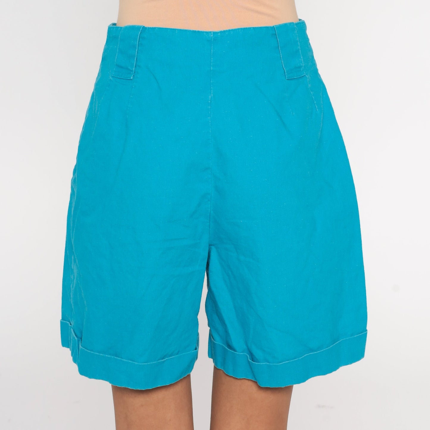 90s Blue Pleated High-Waist Shorts Cuffed Ramie Cotton Small
