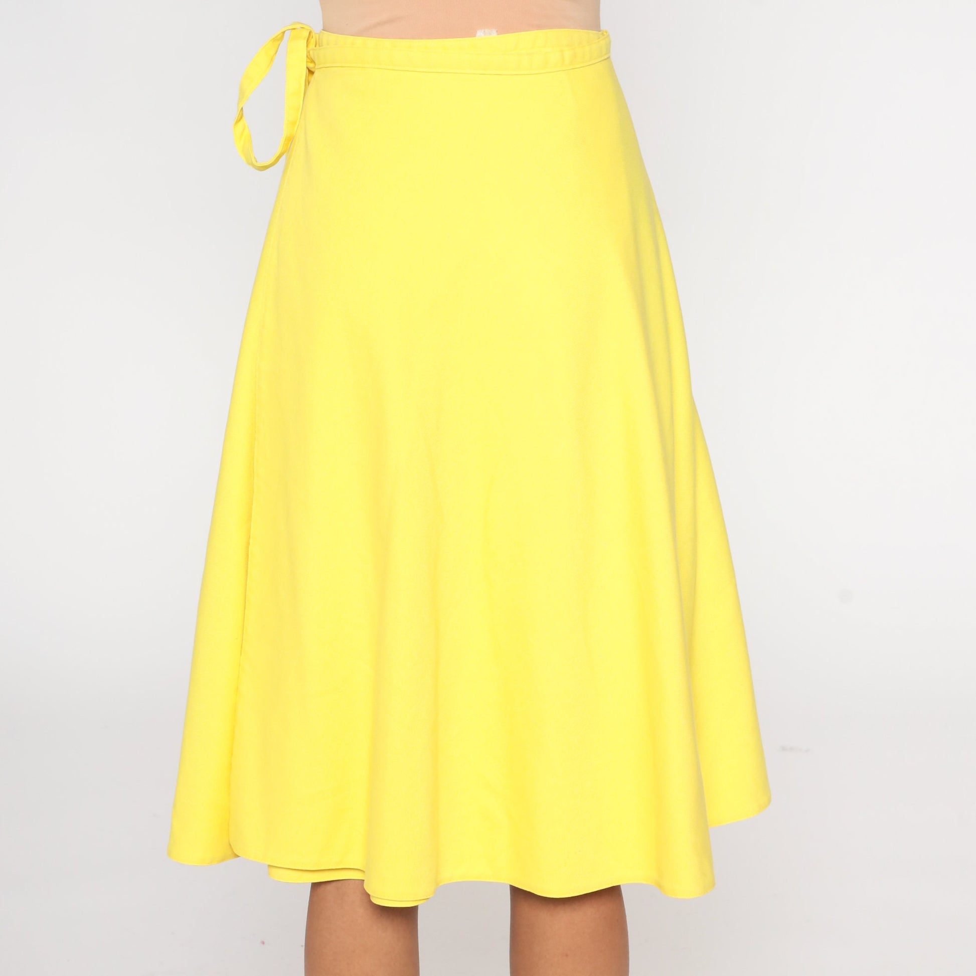 80s Yellow Wrap Skirt High Waisted Midi Cotton Blend Medium 8
