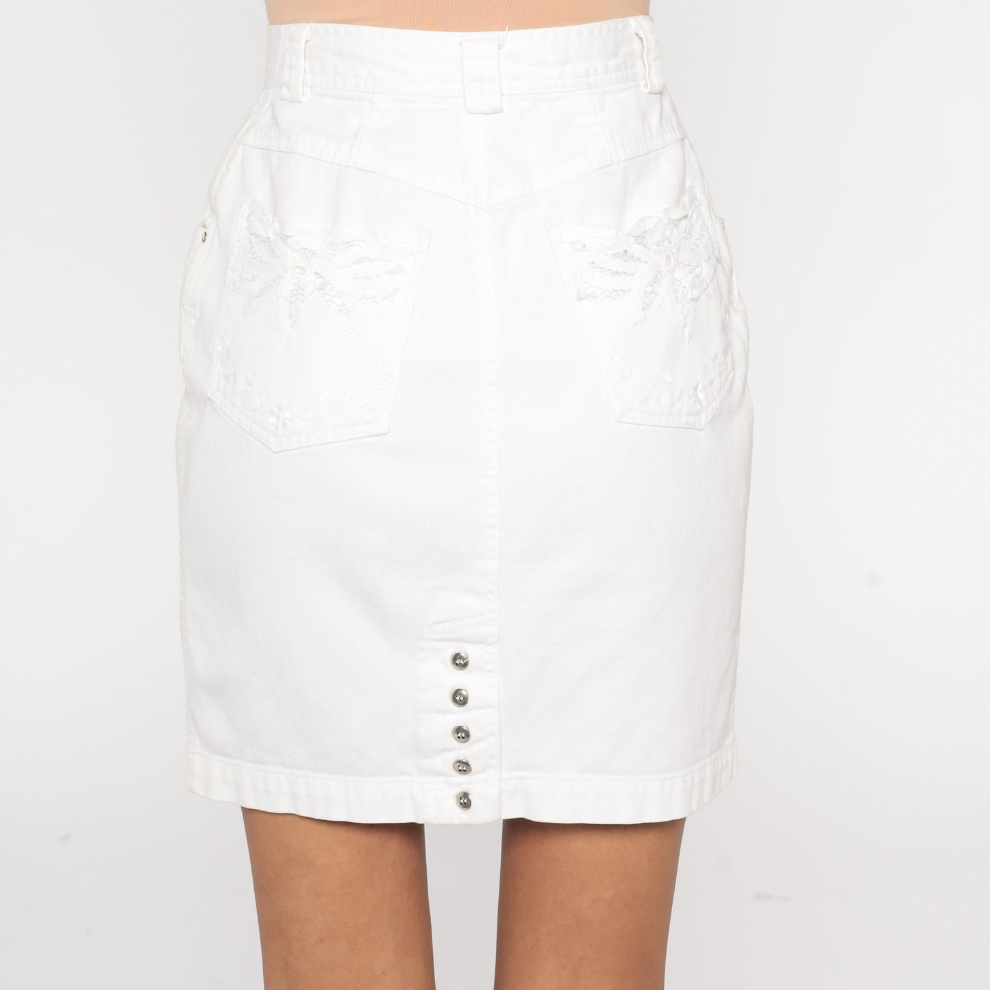 90s White Denim Mini Skirt Floral Embroidered Cutwork High Waist Extra Small