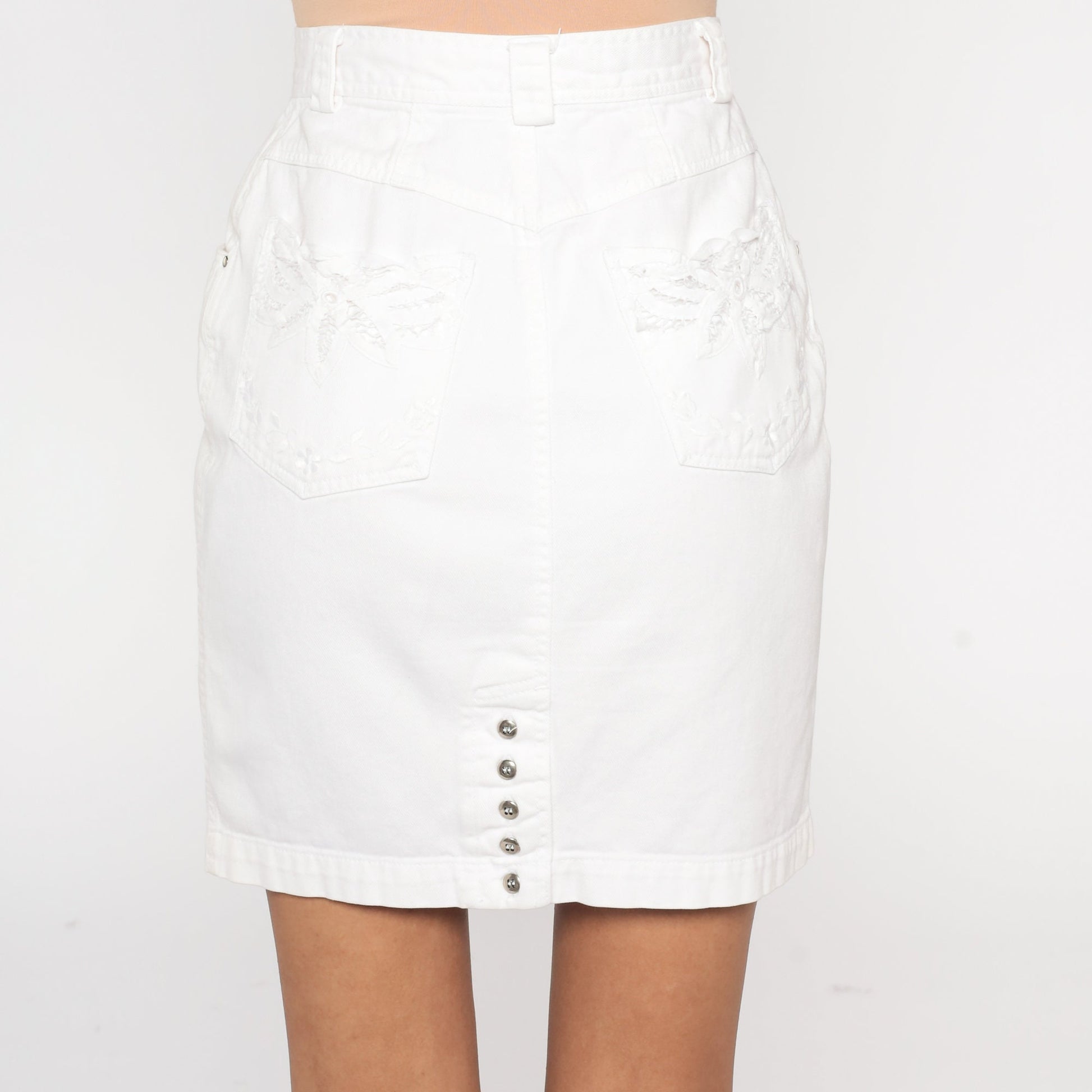 90s White Denim Mini Skirt Floral Embroidered Cutwork High Waist Extra Small