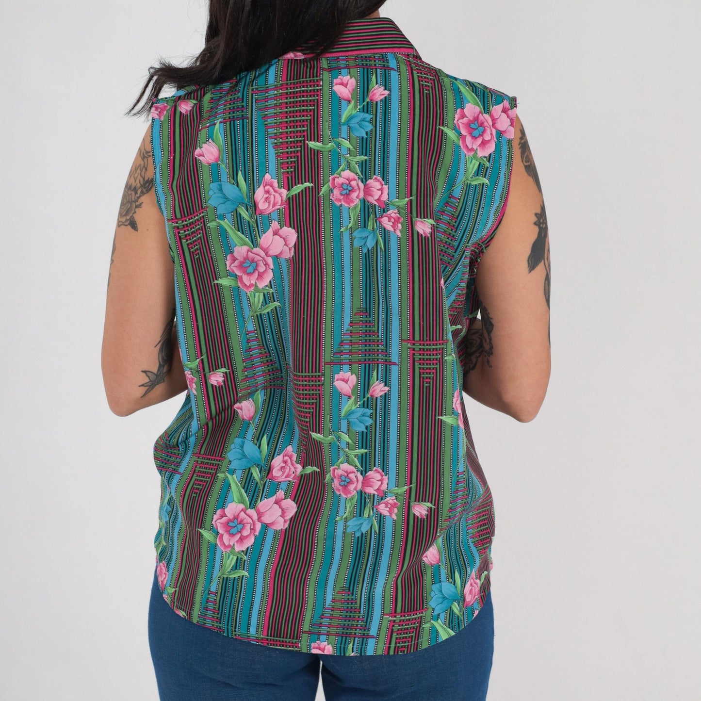 70s Striped Floral Button-Up Tank Top Collared Sleeveless Blouse Large